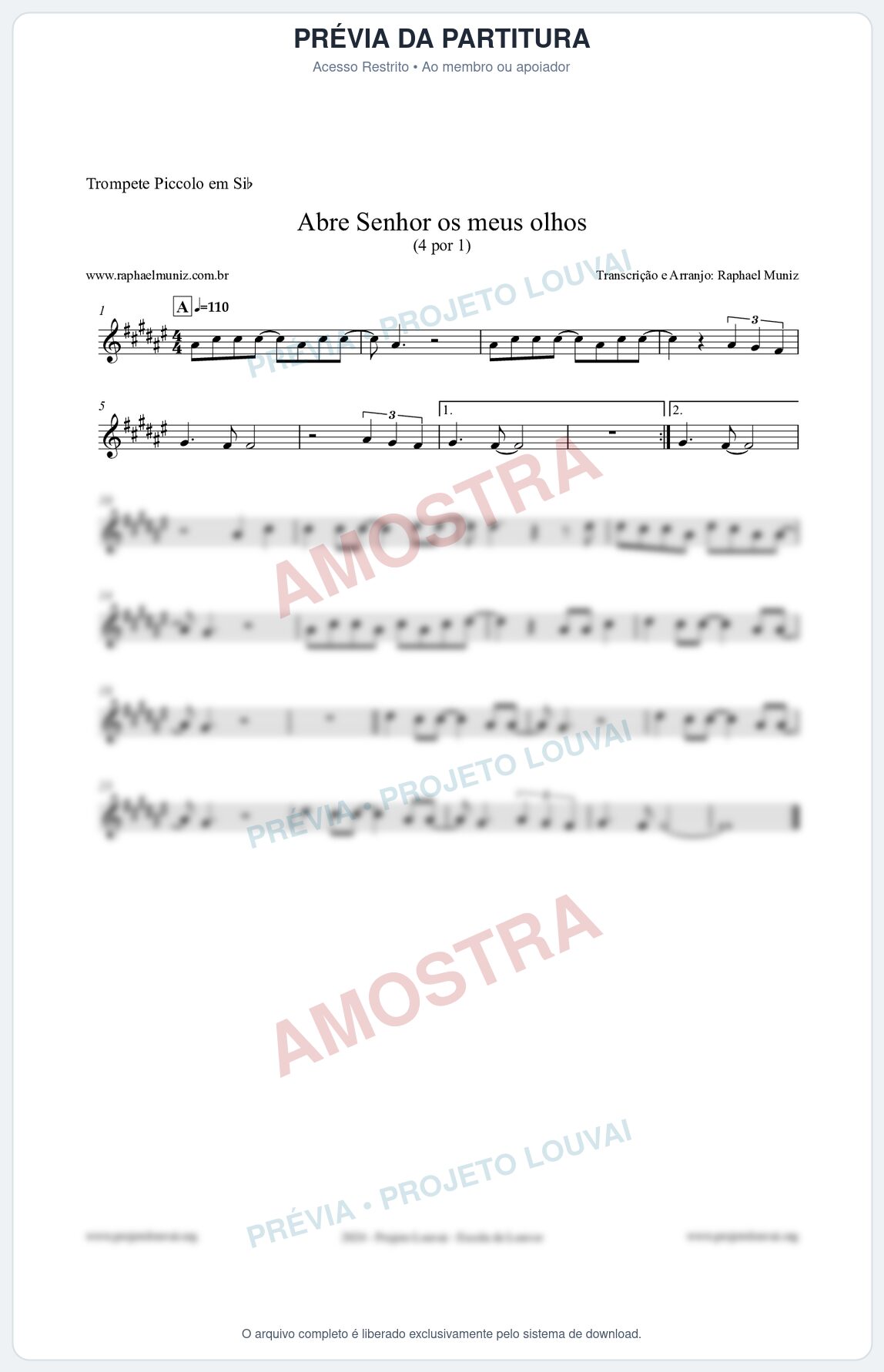 Prévia protegida da primeira página da partitura Partitura para Trompete Piccolo em Sib - Abre Senhor os meus olhos - Quatro por Um