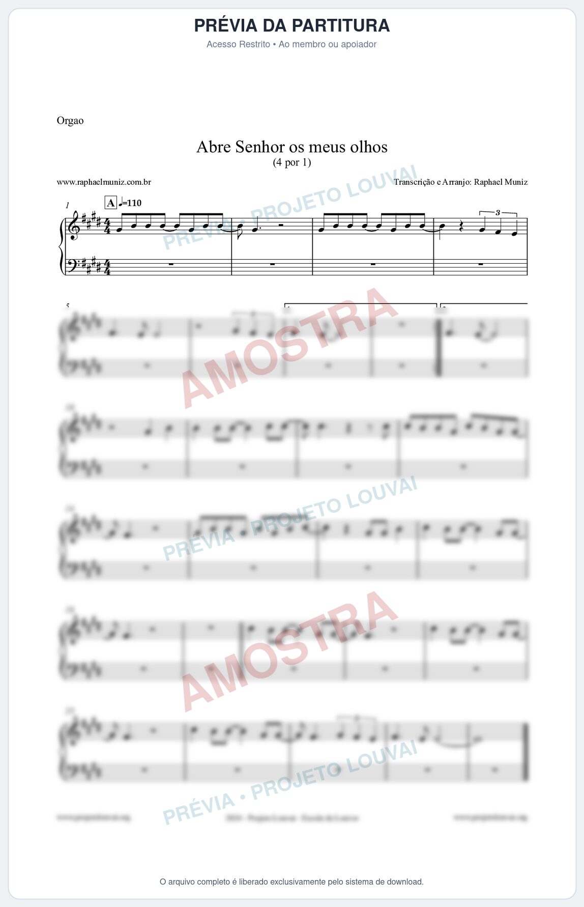 Prévia protegida da primeira página da partitura Partitura para Órgão - Abre Senhor os meus olhos - Quatro por Um