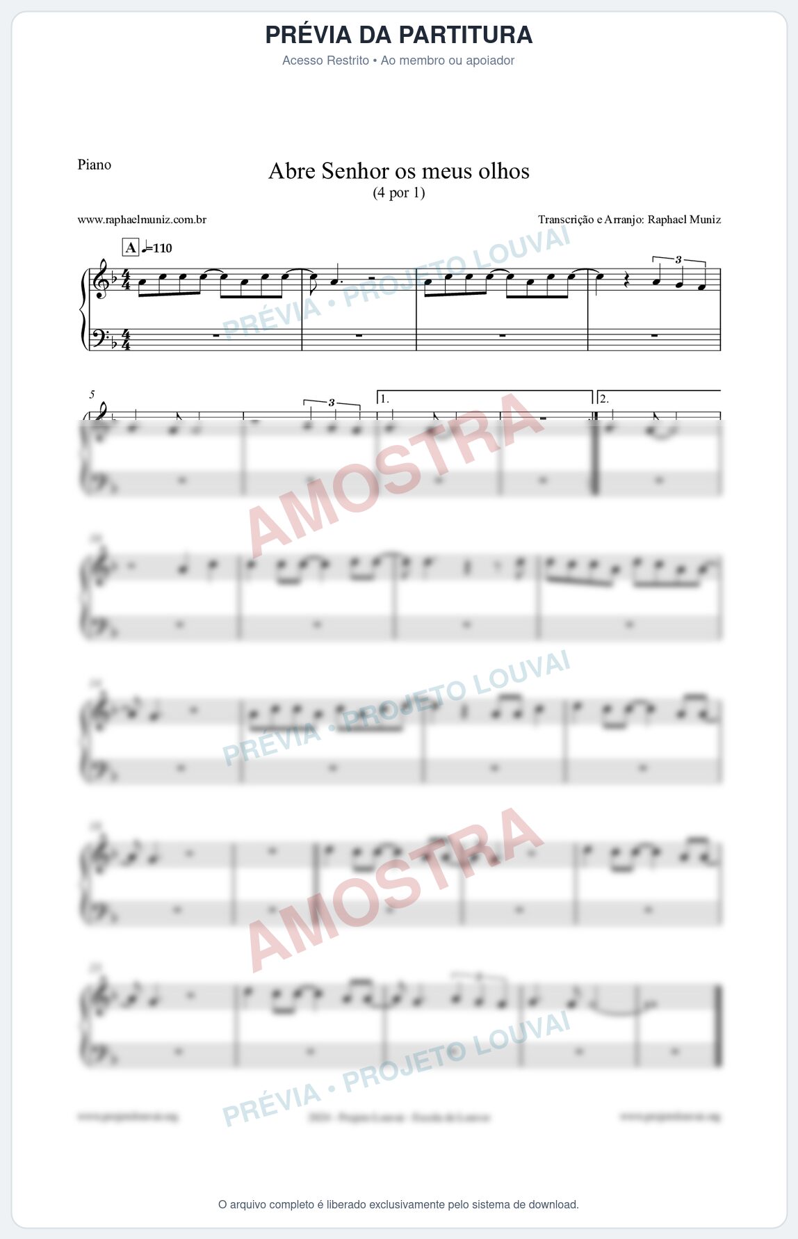 Prévia protegida da primeira página da partitura Partitura para Piano - Abre Senhor os meus olhos - Quatro por Um