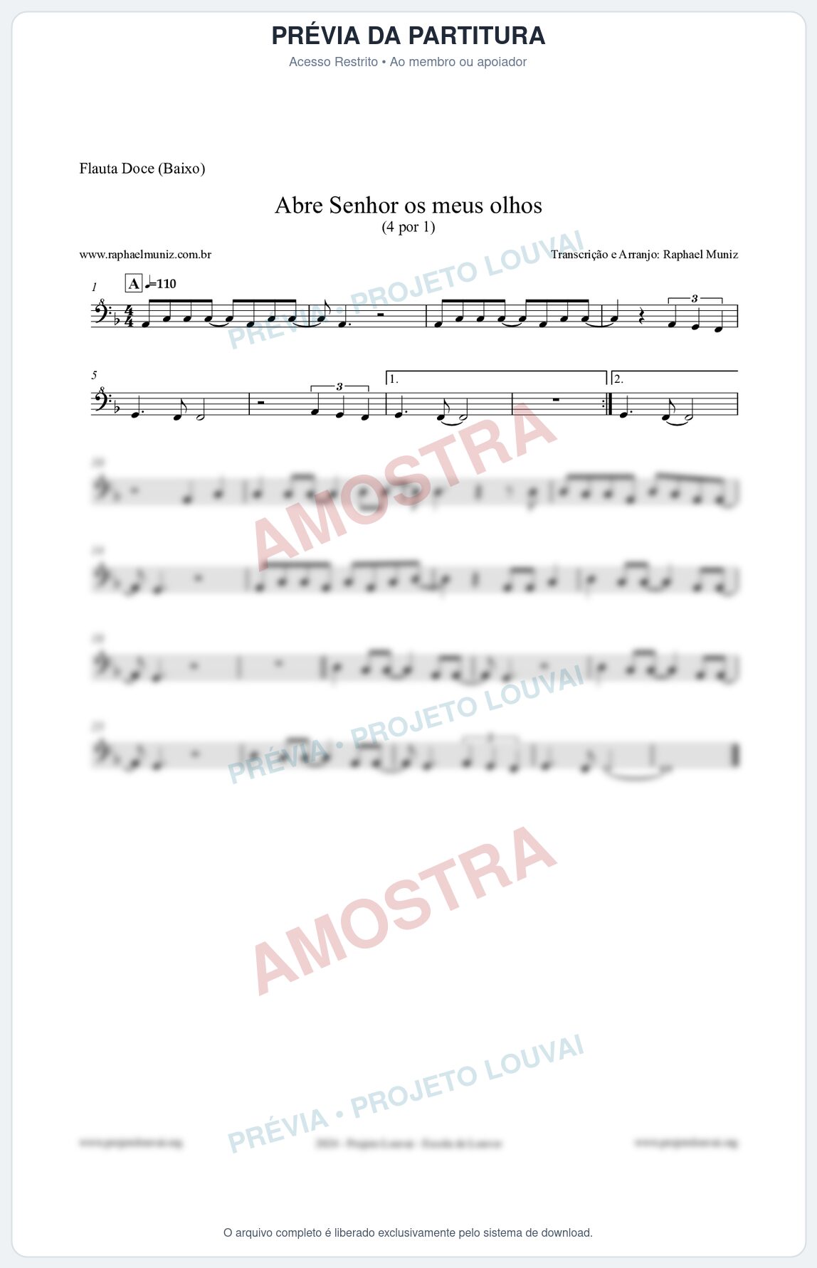 Prévia protegida da primeira página da partitura Partitura para Flauta Doce (Baixo) - Abre Senhor os meus olhos - Quatro por Um