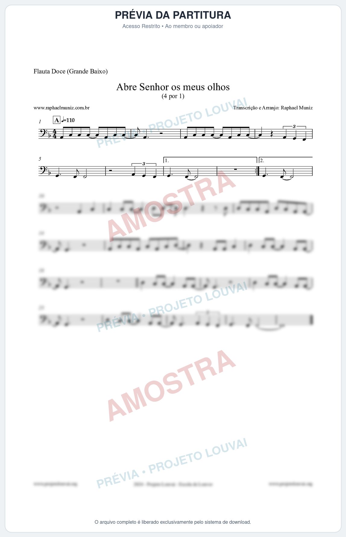 Prévia protegida da primeira página da partitura Partitura para Flauta Doce (Grande Baixo) - Abre Senhor os meus olhos - Quatro por Um