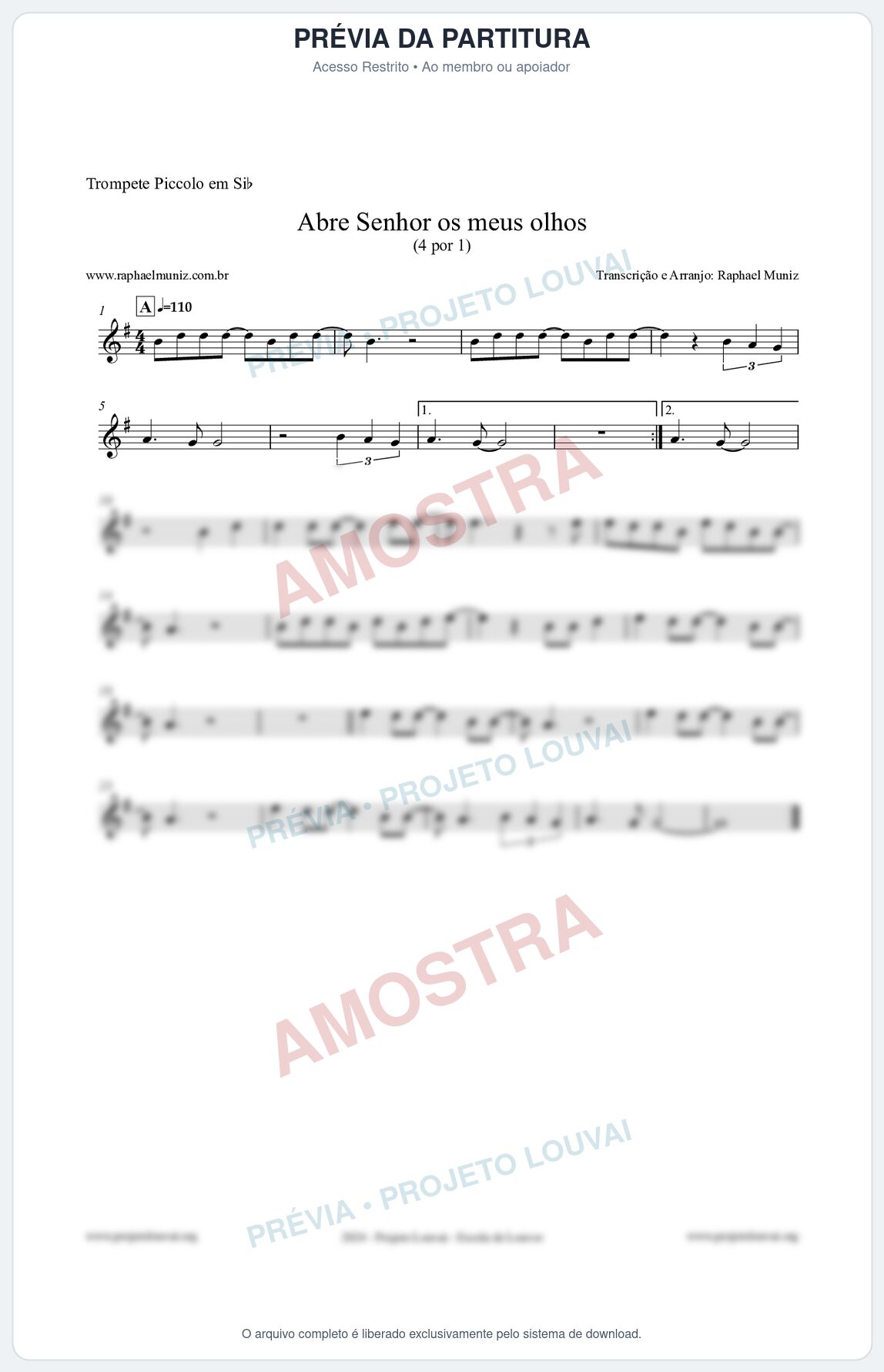 Prévia protegida da primeira página da partitura Partitura para Trompete Piccolo em Sib - Abre Senhor os meus olhos - Quatro por Um