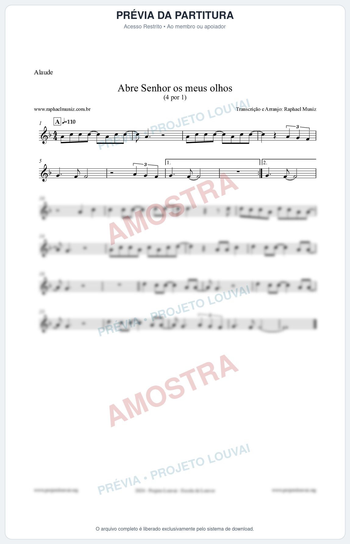 Prévia protegida da primeira página da partitura Partitura para Alaúde - Abre Senhor os meus olhos - Quatro por Um