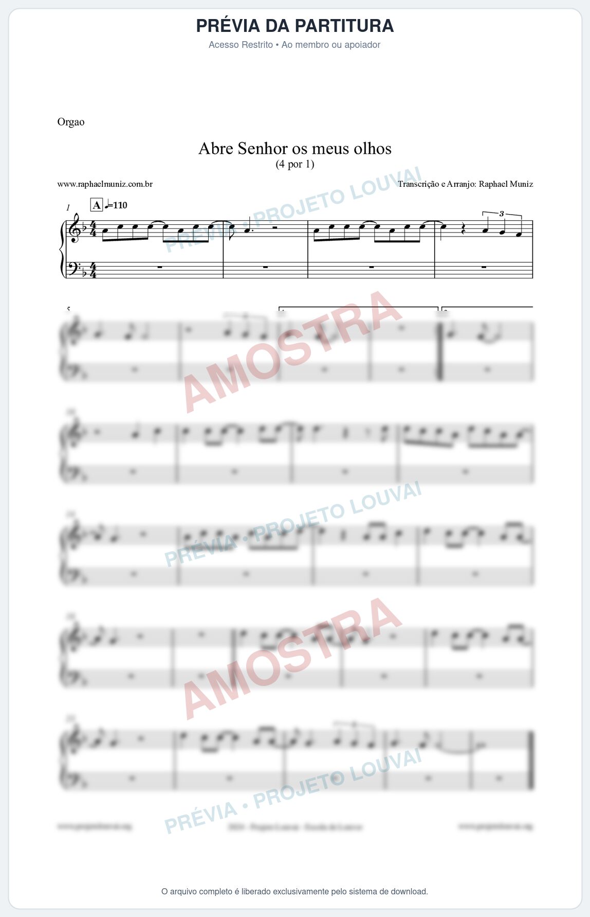 Prévia protegida da primeira página da partitura Partitura para Órgão - Abre Senhor os meus olhos - Quatro por Um