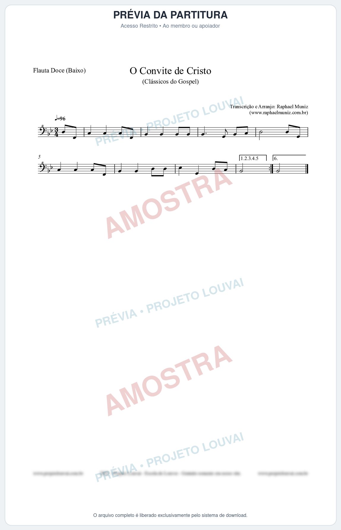 Prévia protegida da primeira página da partitura Partitura para Flauta Doce (Baixo) - O Convite de Cristo - Harpa Cristã nº19 - Clássicos do Gospel
