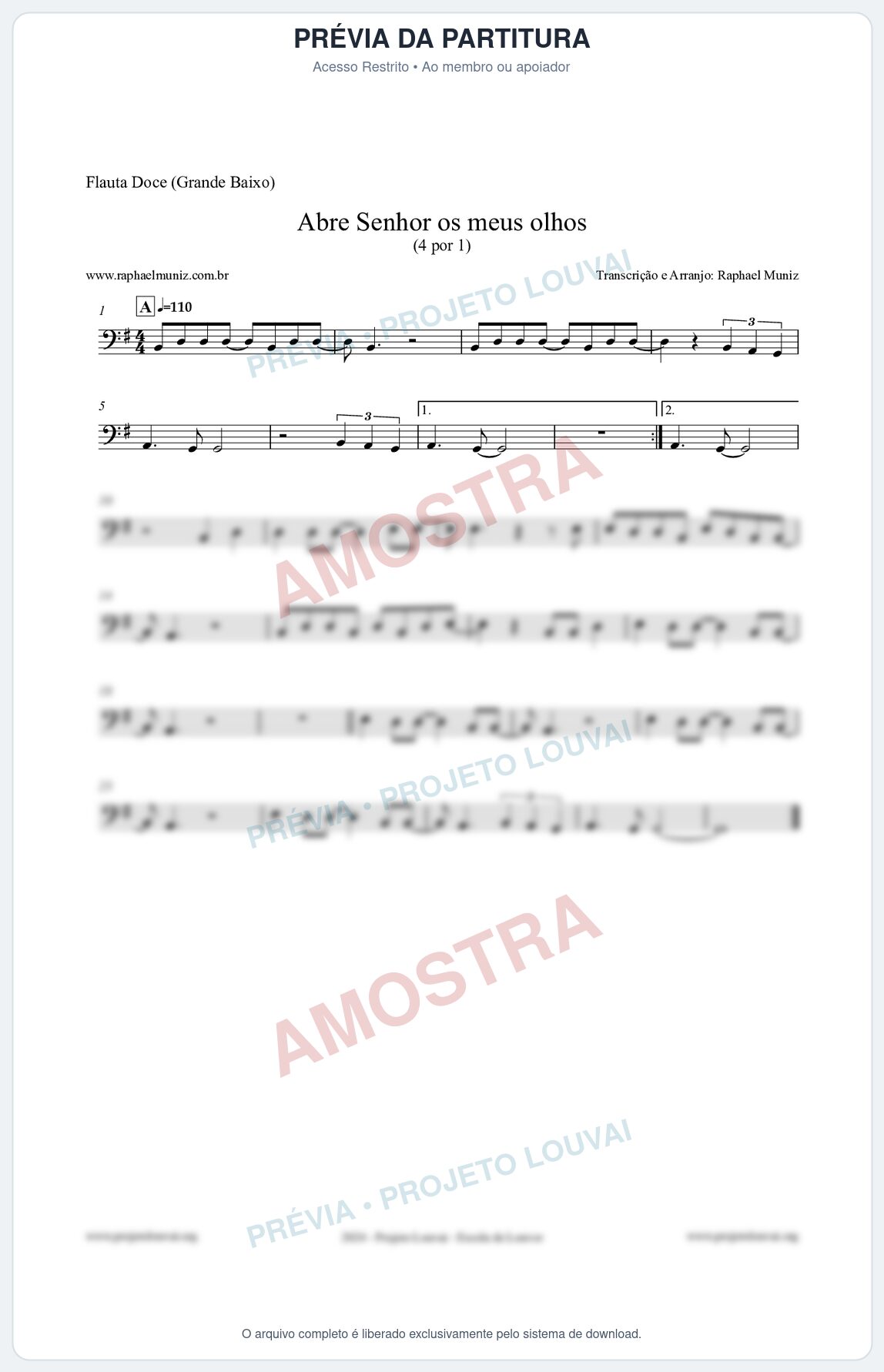 Prévia protegida da primeira página da partitura Partitura para Flauta Doce (Grande Baixo) - Abre Senhor os meus olhos - Quatro por Um