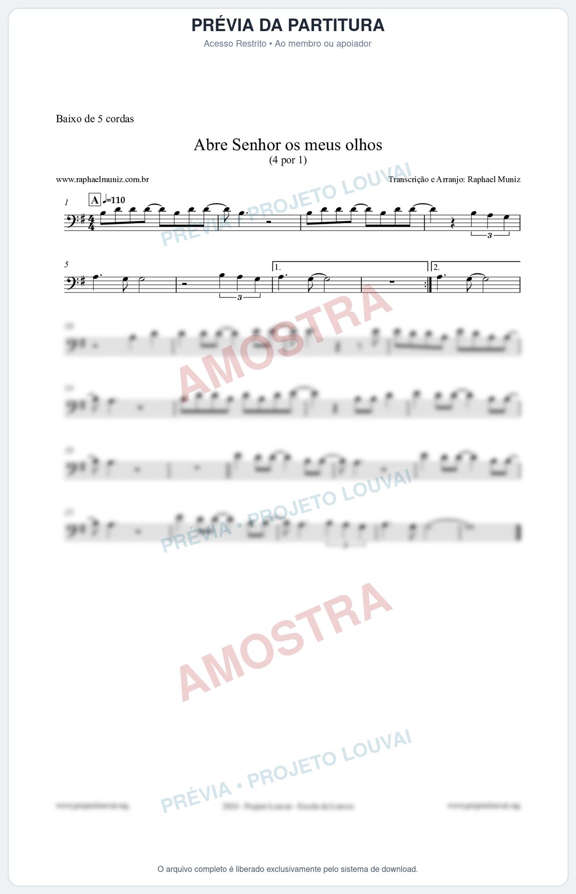 Prévia protegida da primeira página da partitura Partitura para Baixo de 5 cordas - Abre Senhor os meus olhos - Quatro por Um