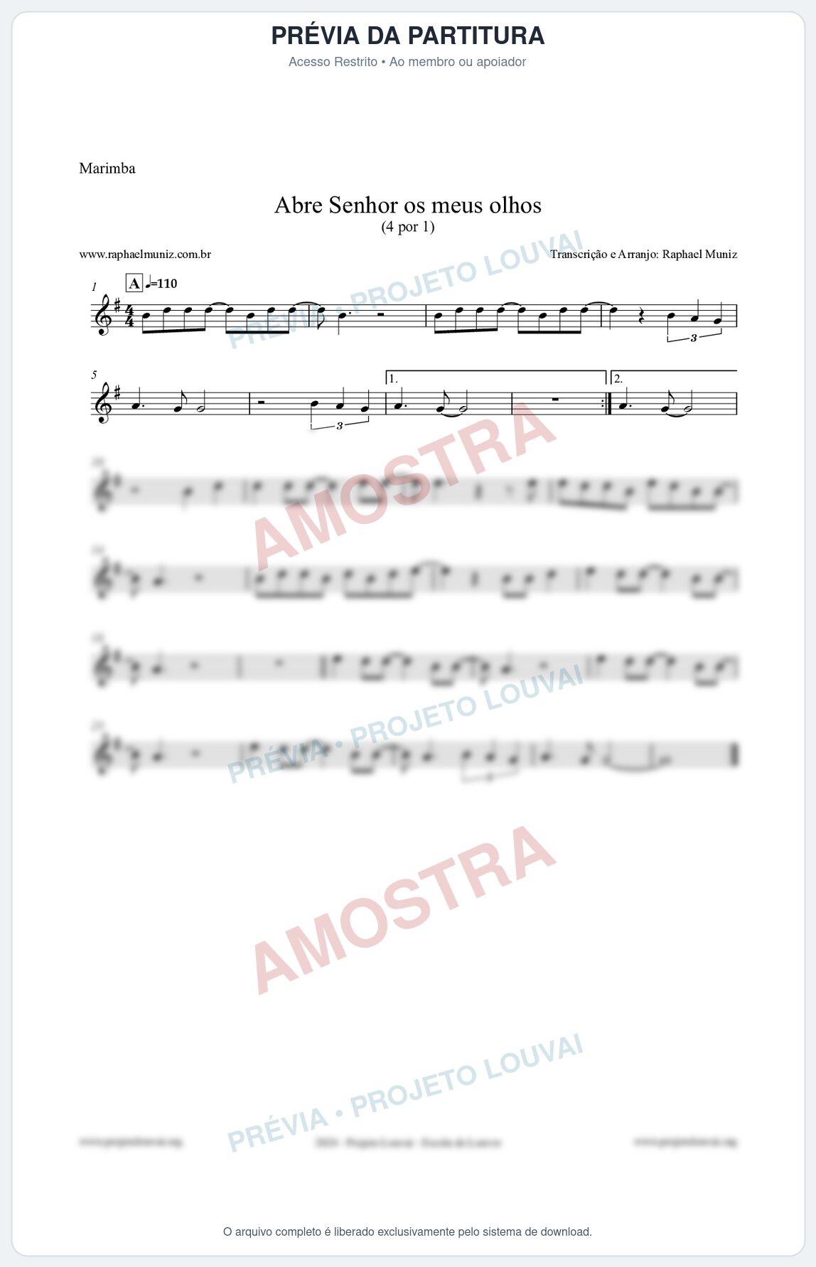 Prévia protegida da primeira página da partitura Partitura para Marimba - Abre Senhor os meus olhos - Quatro por Um