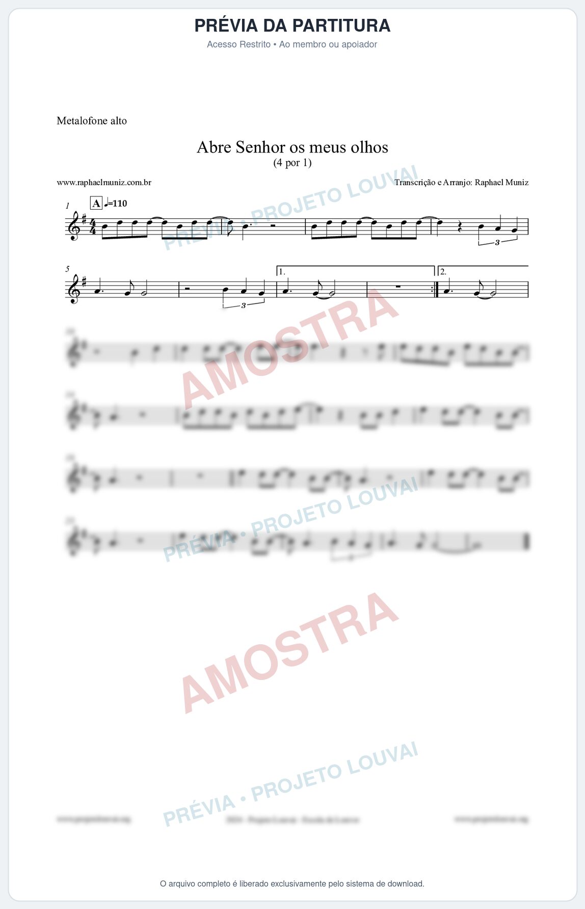 Prévia protegida da primeira página da partitura Partitura para Metalofone alto - Abre Senhor os meus olhos - Quatro por Um