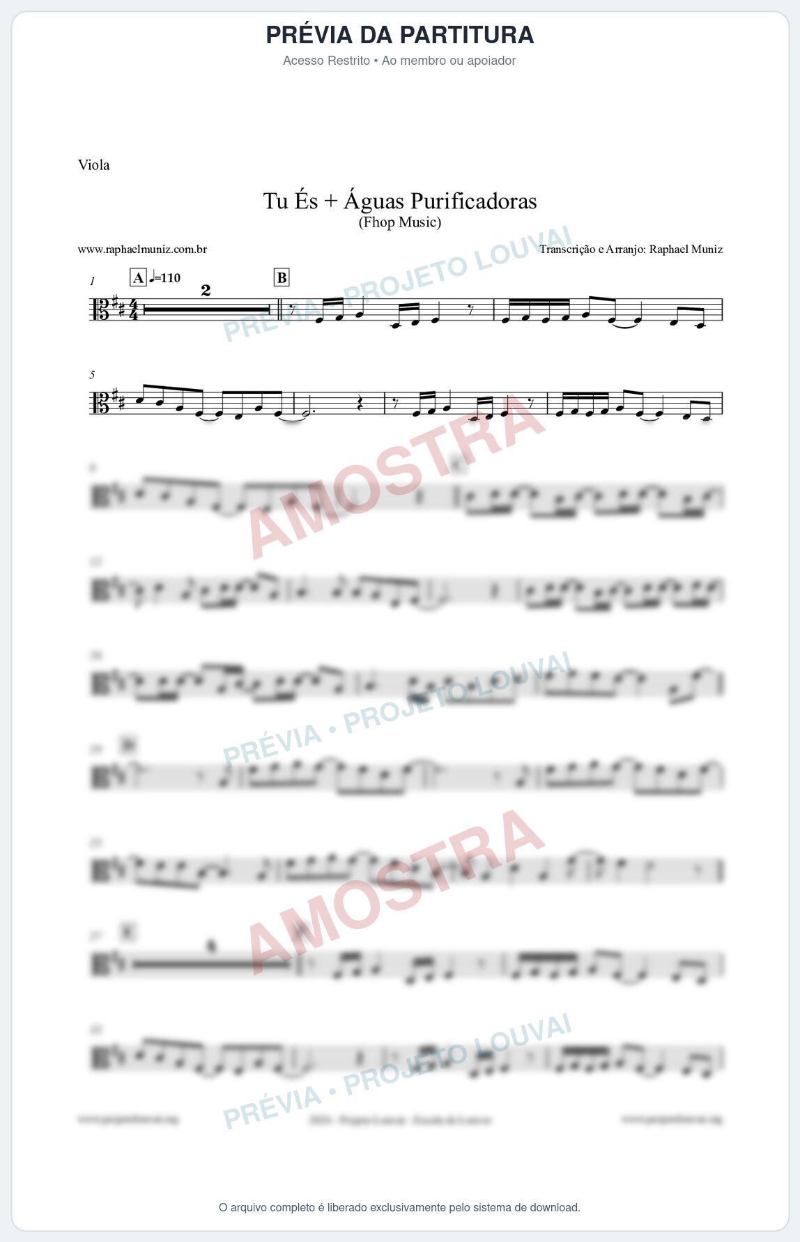 Prévia protegida da primeira página da partitura Partitura para Viola - Tu És + Águas Purificadoras - Fhop Music