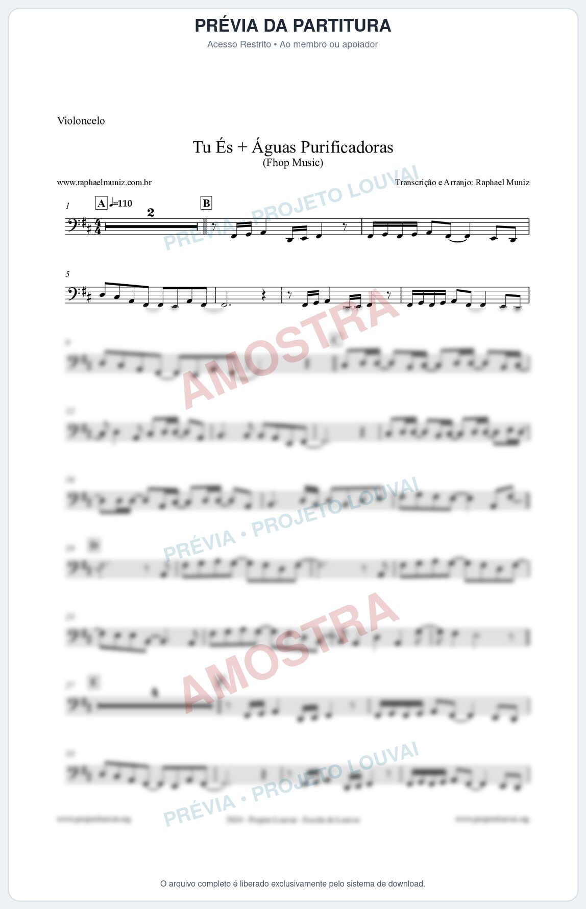 Prévia protegida da primeira página da partitura Partitura para Violoncelo - Tu És + Águas Purificadoras - Fhop Music