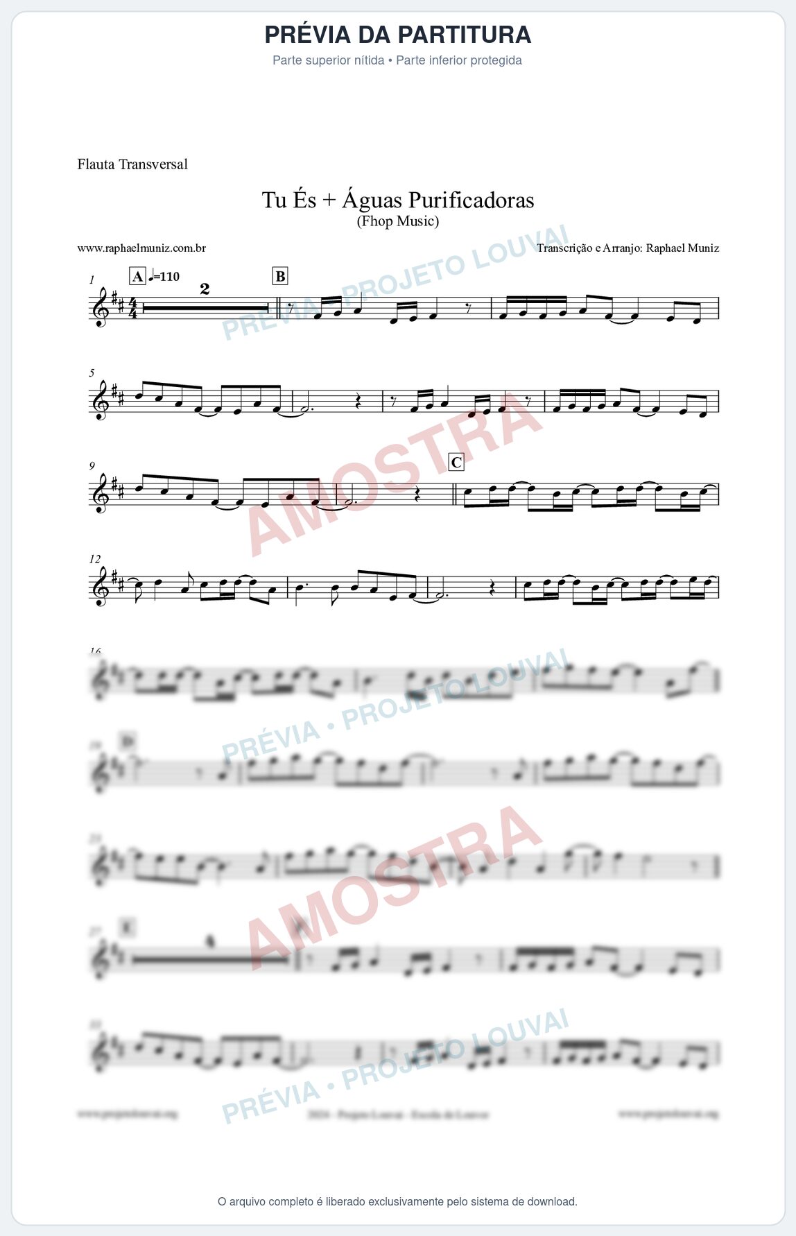 Prévia protegida da primeira página da partitura Partitura para Flauta Transversal - Tu És + Águas Purificadoras - Fhop Music