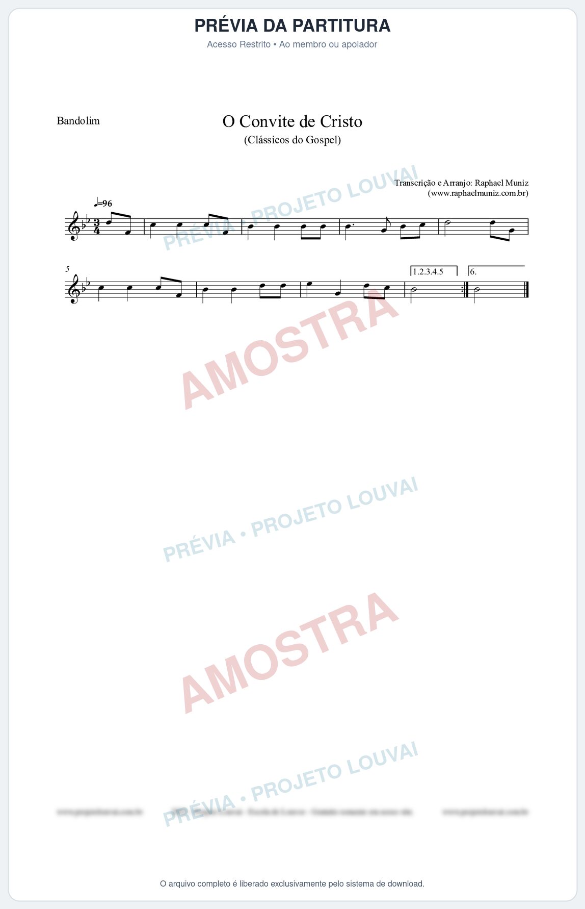 Prévia protegida da primeira página da partitura Partitura para Bandolim - O Convite de Cristo - Harpa Cristã nº19 - Clássicos do Gospel