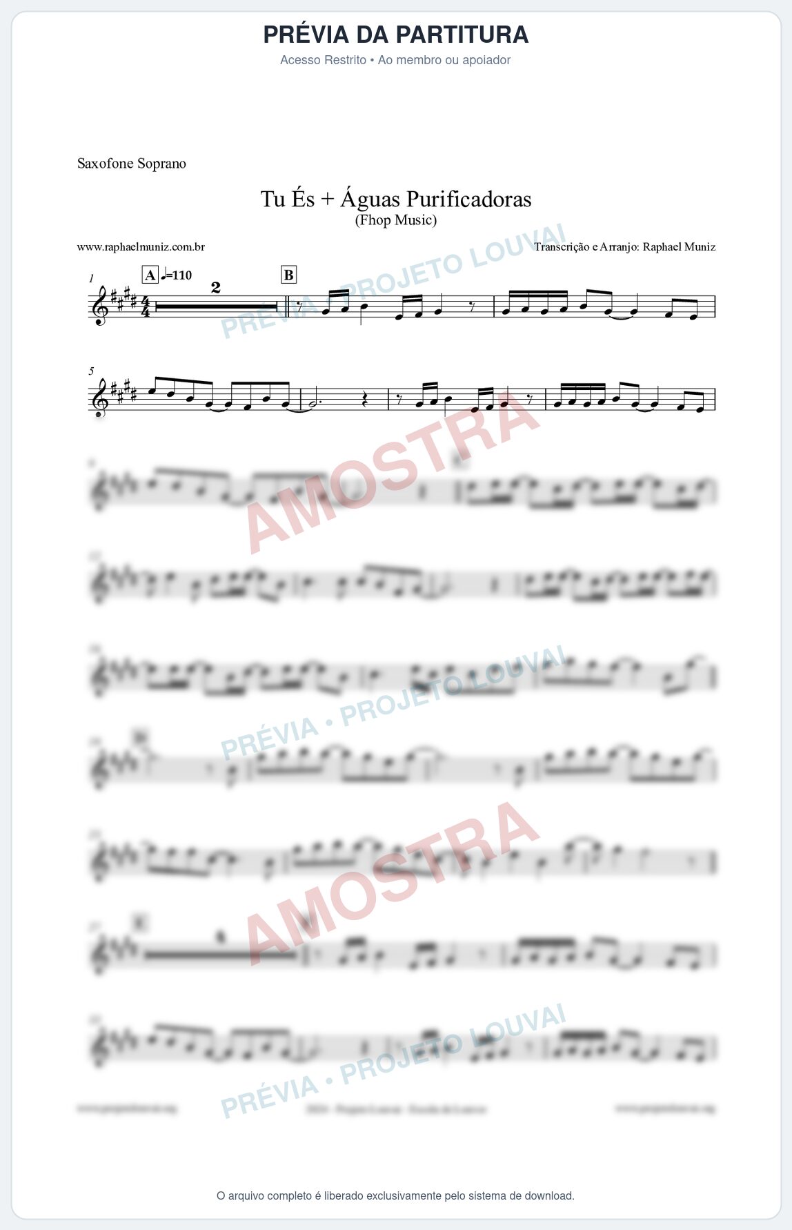 Prévia protegida da primeira página da partitura Partitura para Saxofone Soprano - Tu És + Águas Purificadoras - Fhop Music