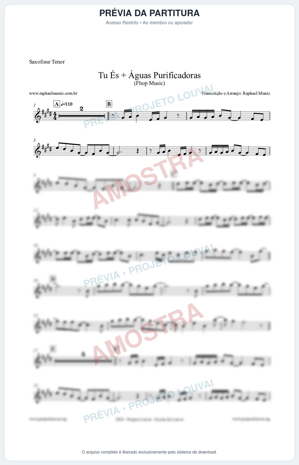 Prévia protegida da primeira página da partitura Partitura para Saxofone Tenor - Tu És + Águas Purificadoras - Fhop Music