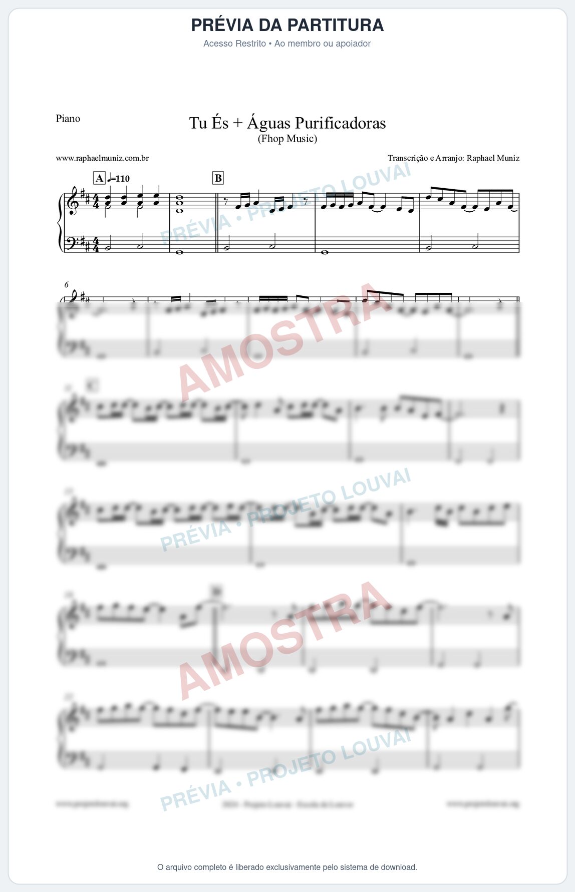 Prévia protegida da primeira página da partitura Partitura para Piano - Tu És + Águas Purificadoras - Fhop Music