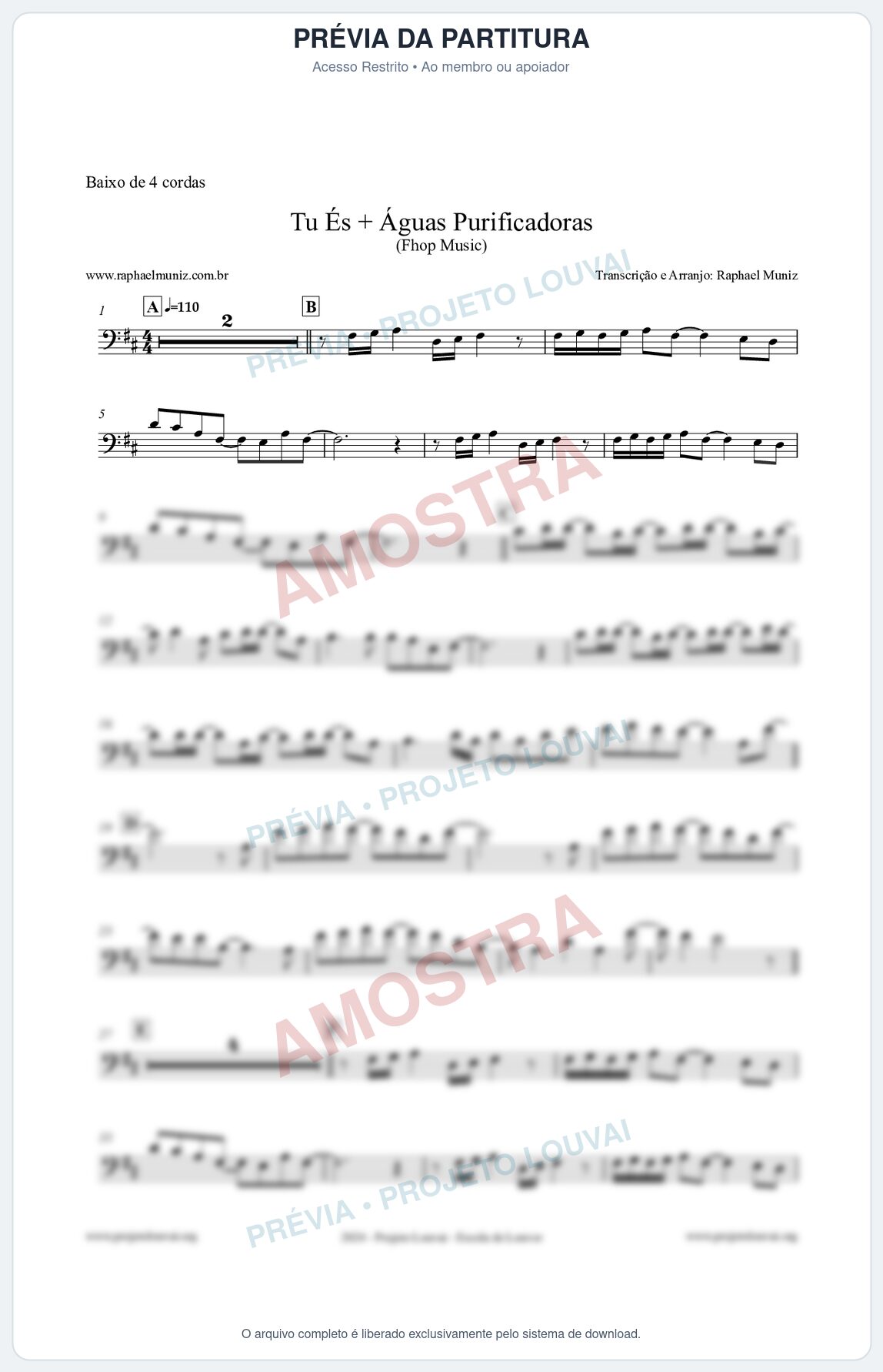 Prévia protegida da primeira página da partitura Partitura para Baixo de 4 cordas - Tu És + Águas Purificadoras - Fhop Music