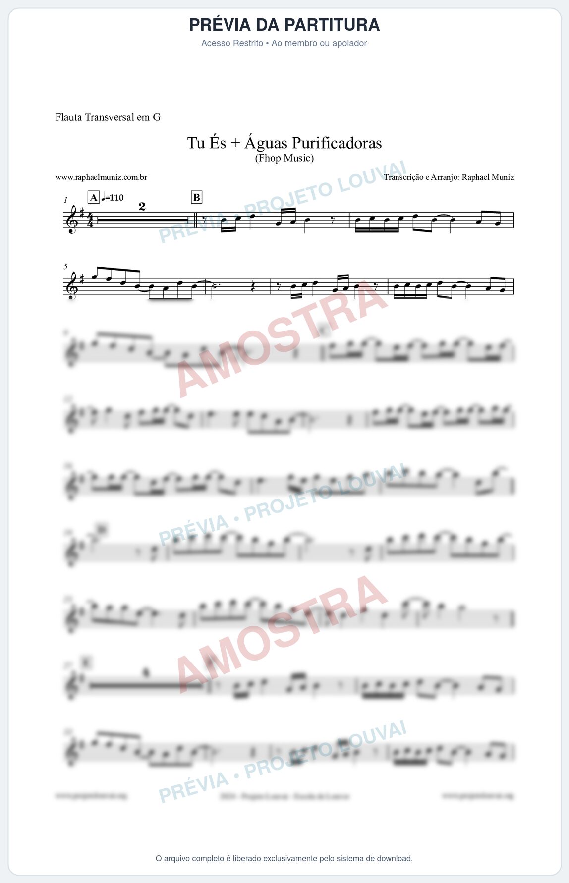 Prévia protegida da primeira página da partitura Partitura para Flauta Transversal em G - Tu És + Águas Purificadoras - Fhop Music