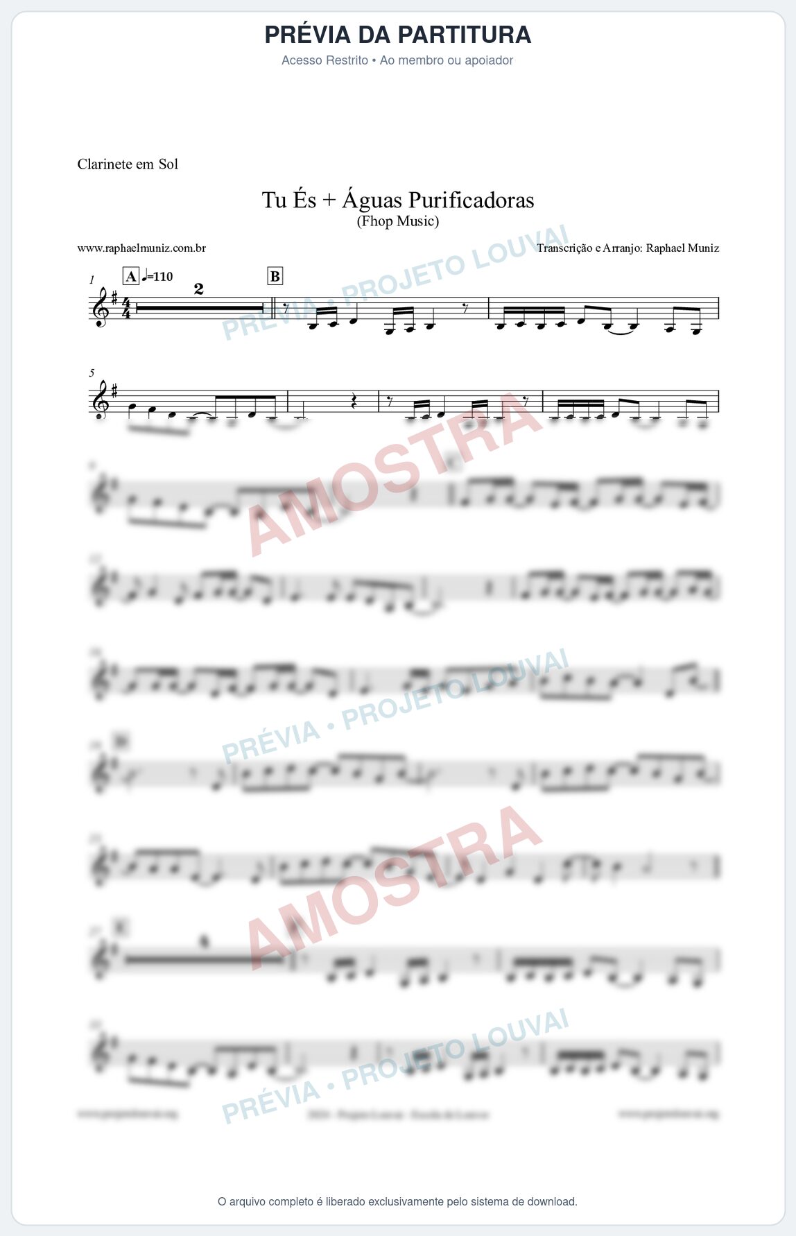 Prévia protegida da primeira página da partitura Partitura para Clarinete em Sol - Tu És + Águas Purificadoras - Fhop Music