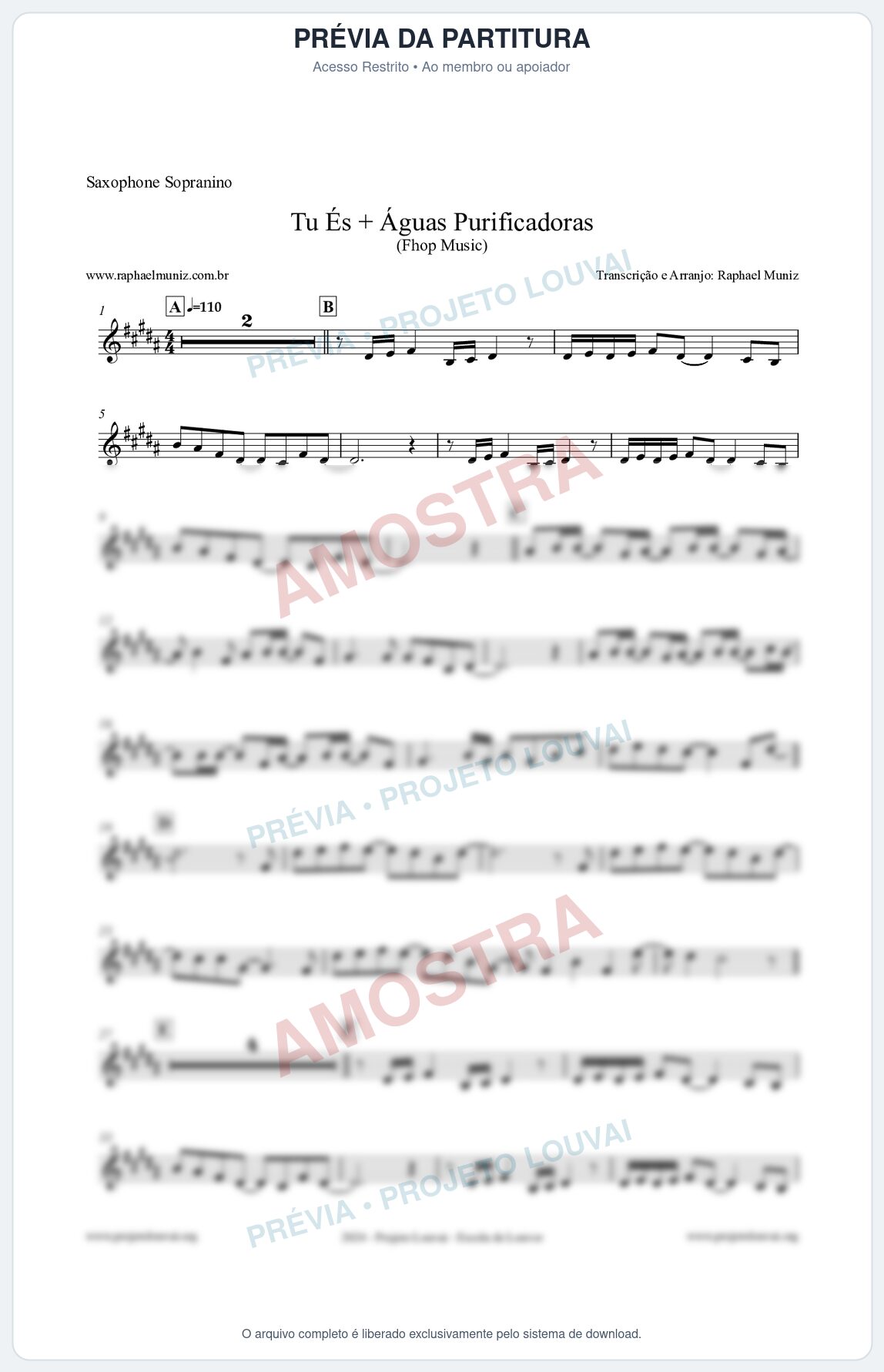 Prévia protegida da primeira página da partitura Partitura para Saxophone Sopranino - Tu És + Águas Purificadoras - Fhop Music