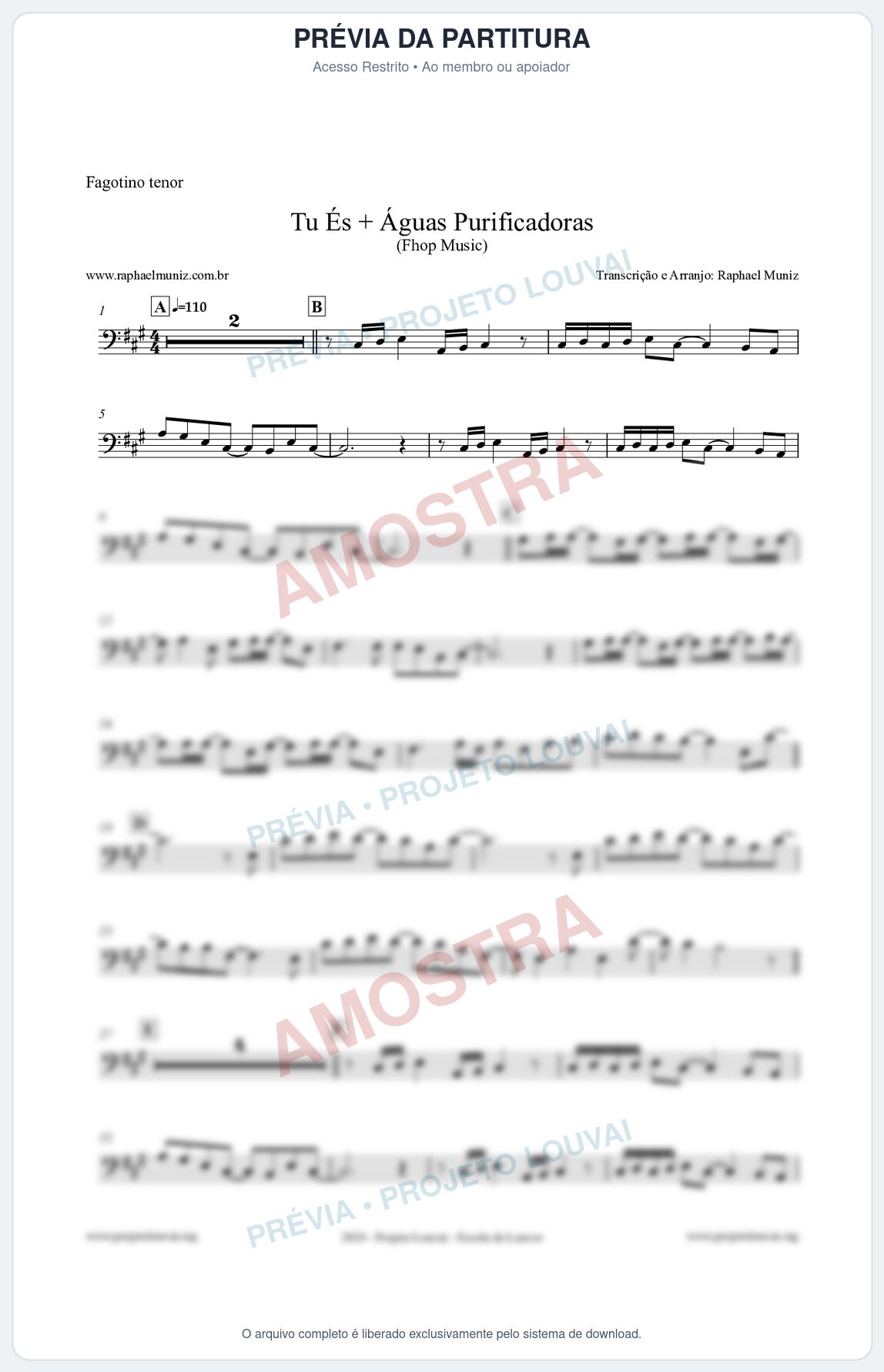 Prévia protegida da primeira página da partitura Partitura para Fagotino tenor - Tu És + Águas Purificadoras - Fhop Music
