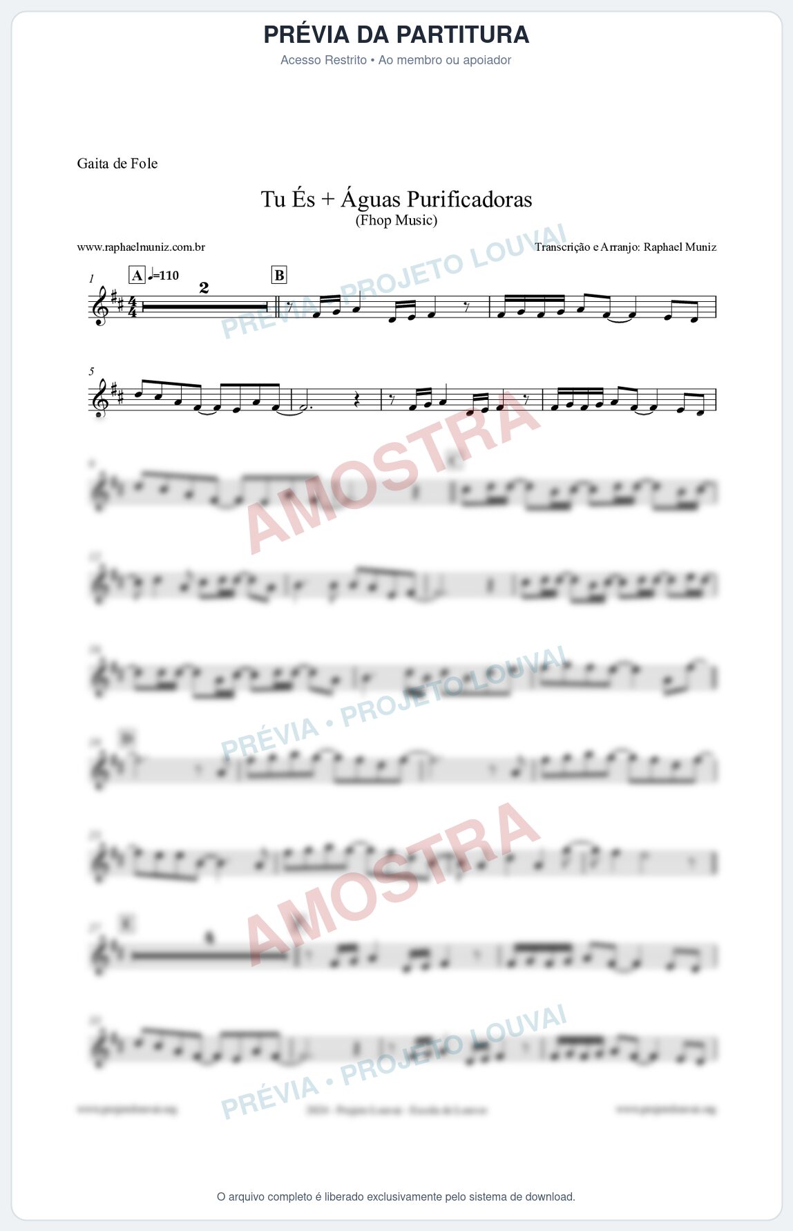 Prévia protegida da primeira página da partitura Partitura para Gaita de Fole - Tu És + Águas Purificadoras - Fhop Music