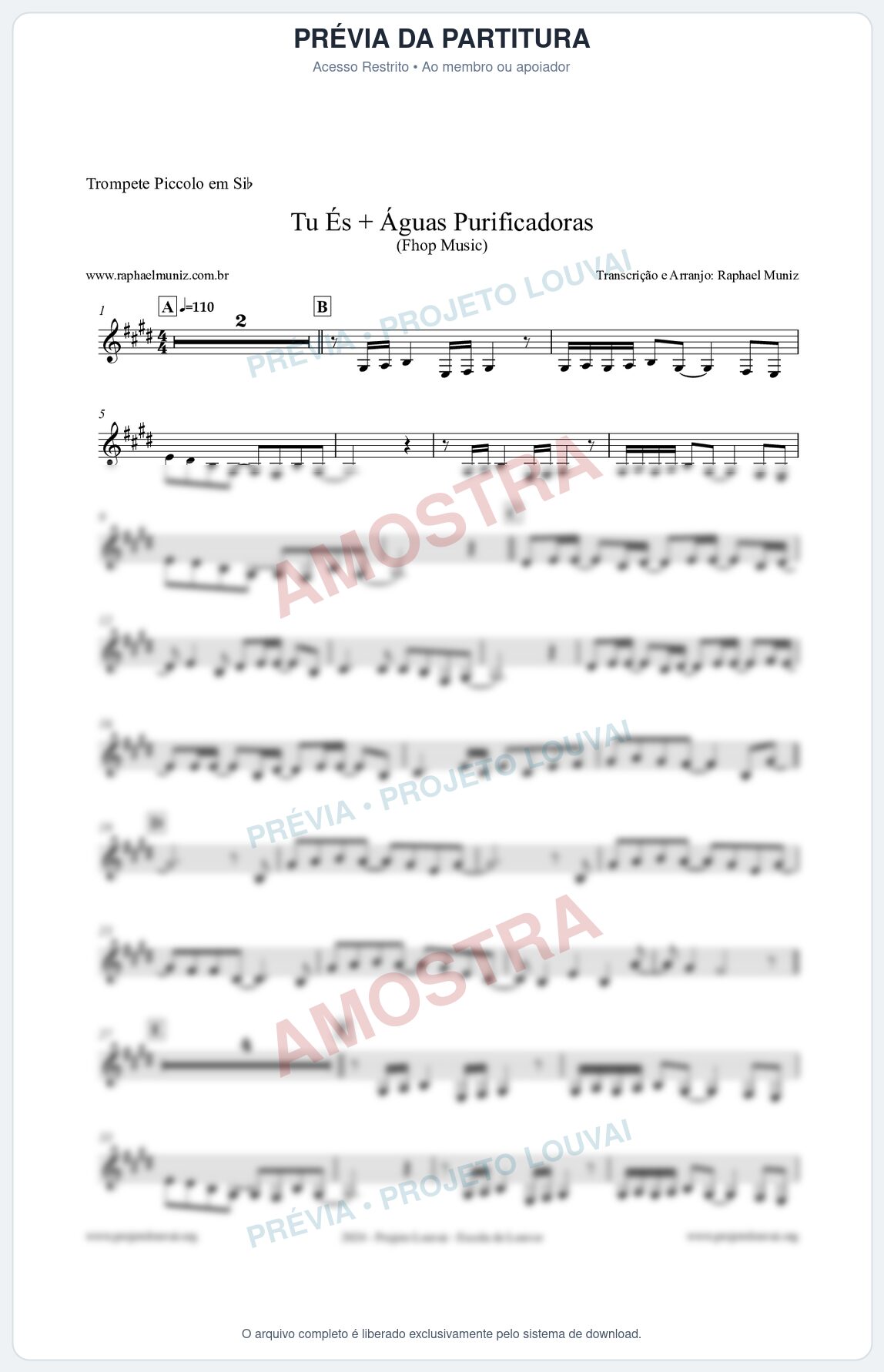 Prévia protegida da primeira página da partitura Partitura para Trompete Piccolo em Sib - Tu És + Águas Purificadoras - Fhop Music