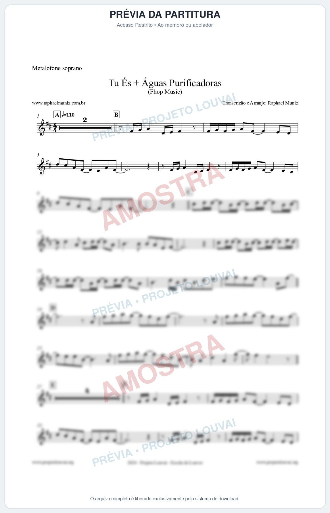 Prévia protegida da primeira página da partitura Partitura para Metalofone soprano - Tu És + Águas Purificadoras - Fhop Music