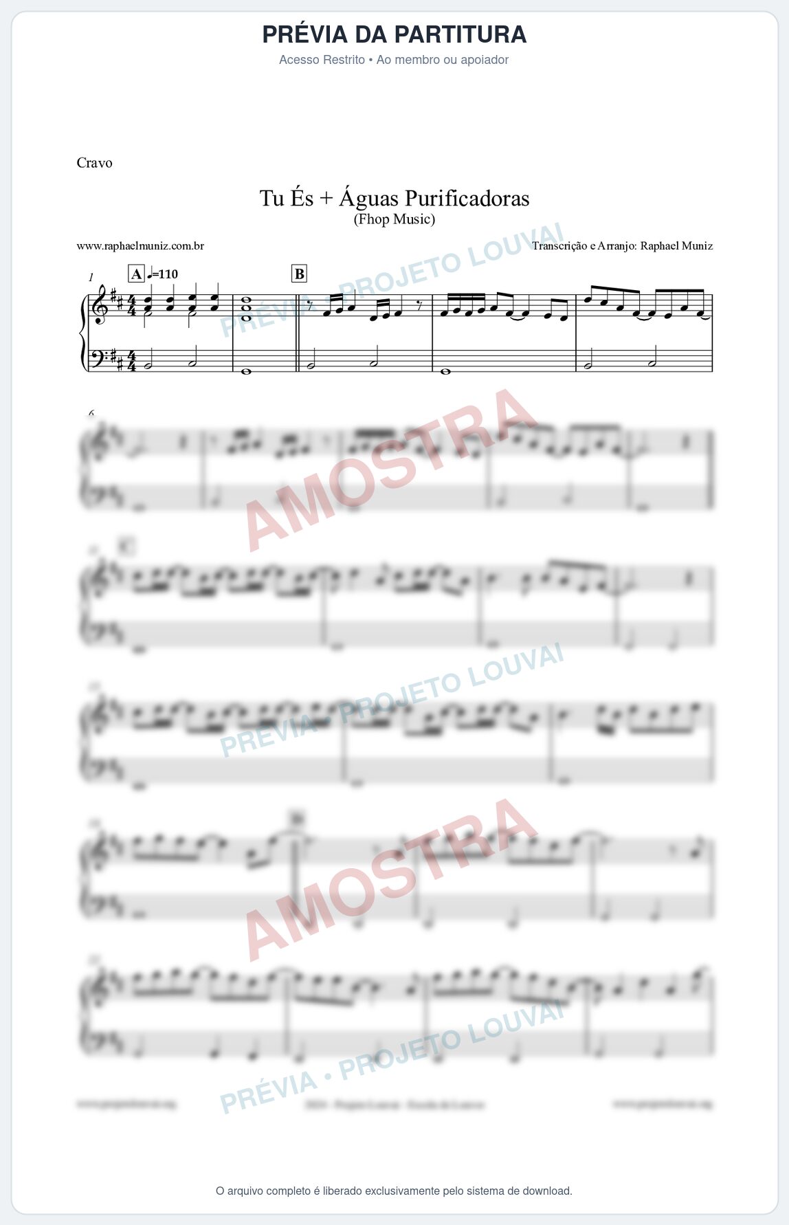 Prévia protegida da primeira página da partitura Partitura para Cravo - Tu És + Águas Purificadoras - Fhop Music