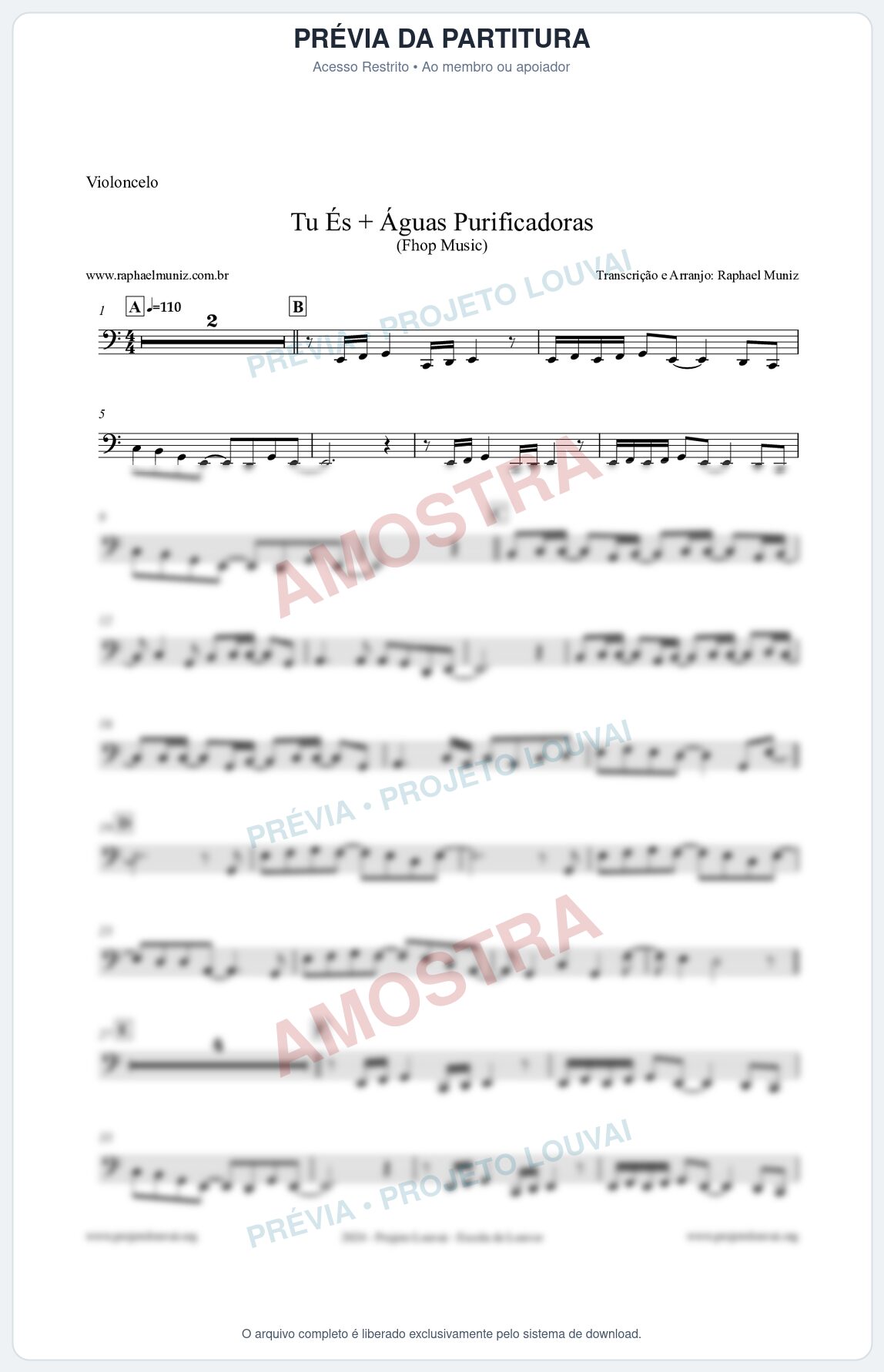 Prévia protegida da primeira página da partitura Partitura para Violoncelo - Tu És + Águas Purificadoras - Fhop Music