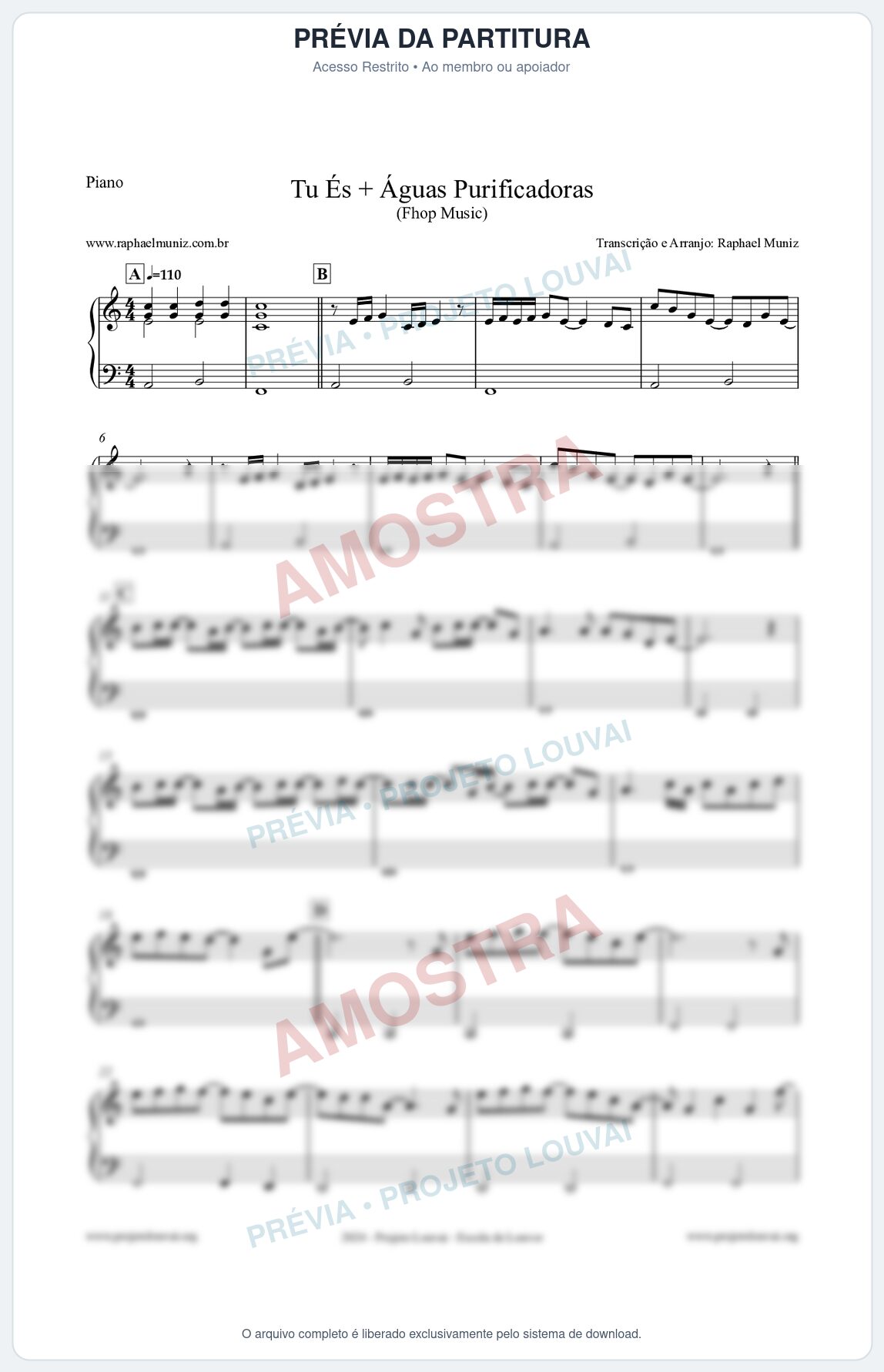 Prévia protegida da primeira página da partitura Partitura para Piano - Tu És + Águas Purificadoras - Fhop Music