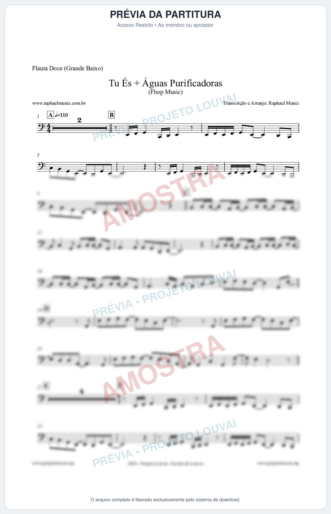 Prévia protegida da primeira página da partitura Partitura para Flauta Doce (Grande Baixo) - Tu És + Águas Purificadoras - Fhop Music