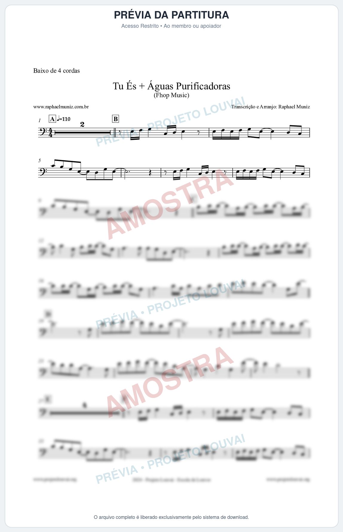 Prévia protegida da primeira página da partitura Partitura para Baixo de 4 cordas - Tu És + Águas Purificadoras - Fhop Music