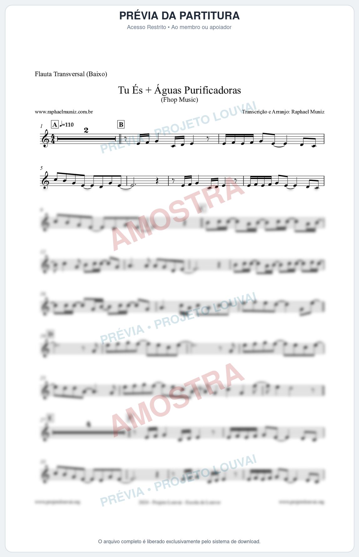 Prévia protegida da primeira página da partitura Partitura para Flauta Transversal (Baixo) - Tu És + Águas Purificadoras - Fhop Music