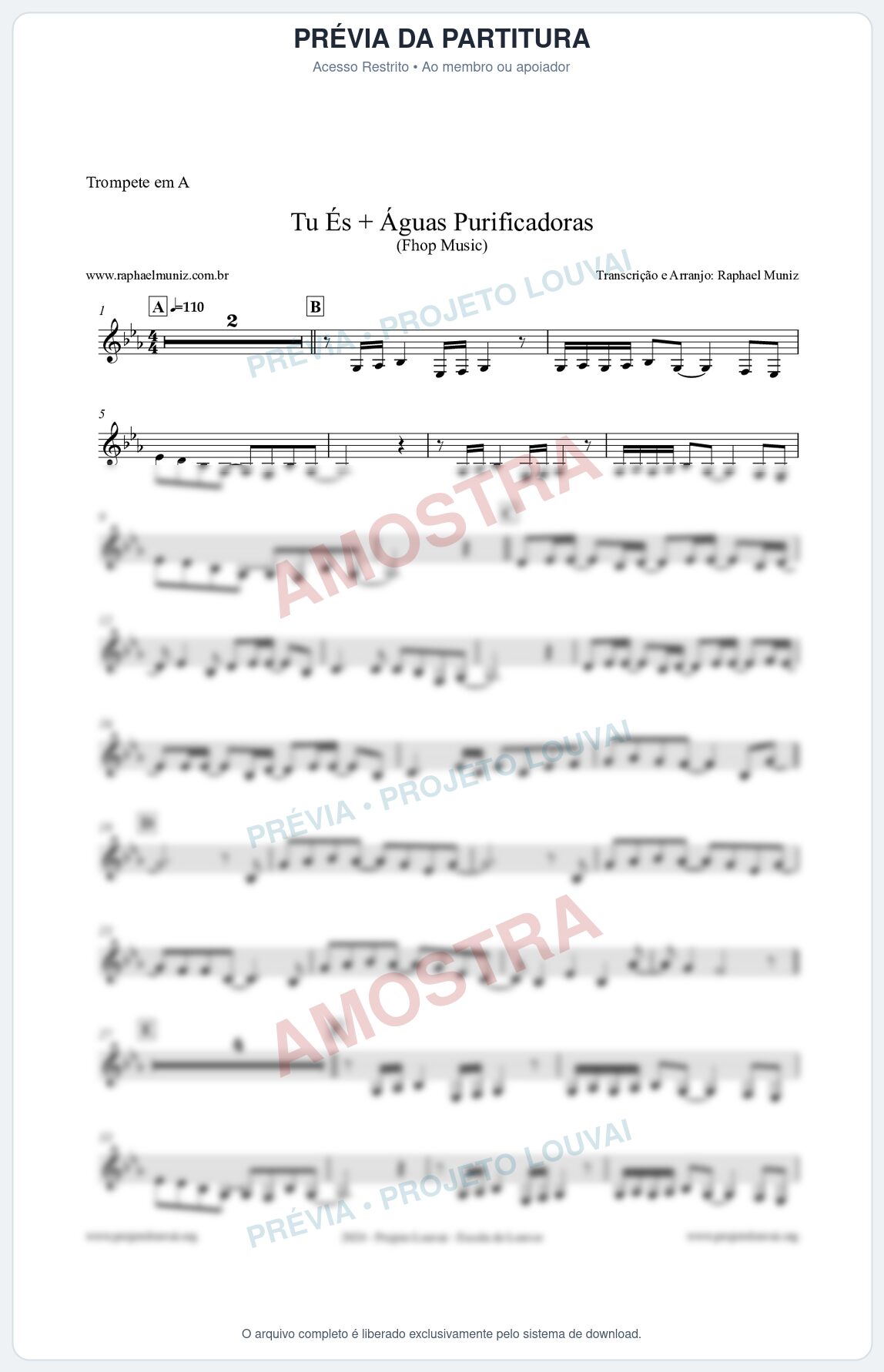 Prévia protegida da primeira página da partitura Partitura para Trompete em A - Tu És + Águas Purificadoras - Fhop Music