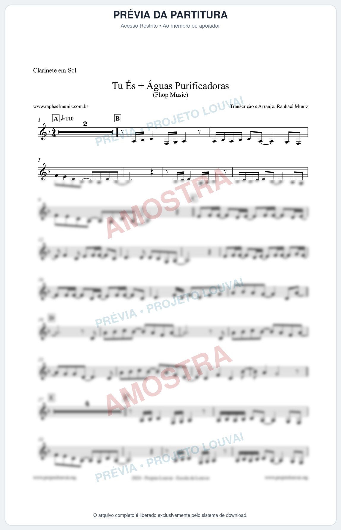 Prévia protegida da primeira página da partitura Partitura para Clarinete em Sol - Tu És + Águas Purificadoras - Fhop Music