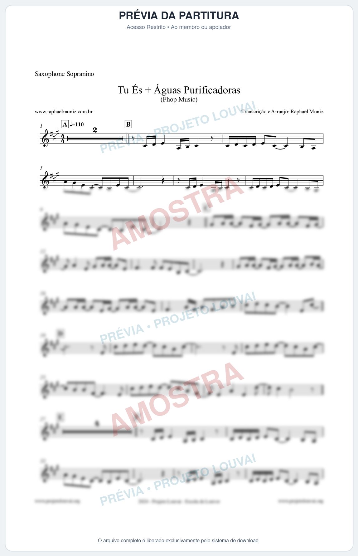 Prévia protegida da primeira página da partitura Partitura para Saxophone Sopranino - Tu És + Águas Purificadoras - Fhop Music