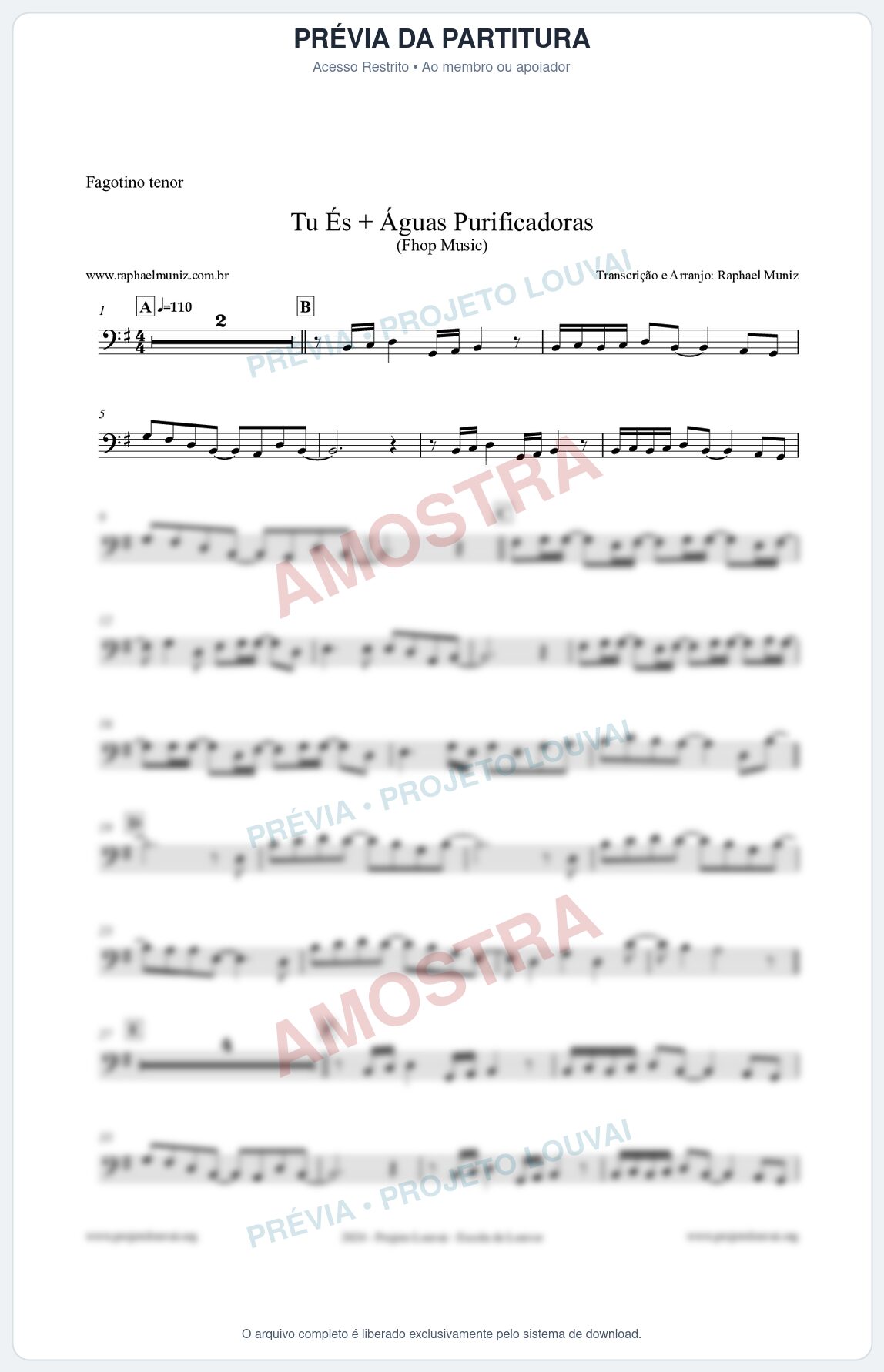 Prévia protegida da primeira página da partitura Partitura para Fagotino tenor - Tu És + Águas Purificadoras - Fhop Music