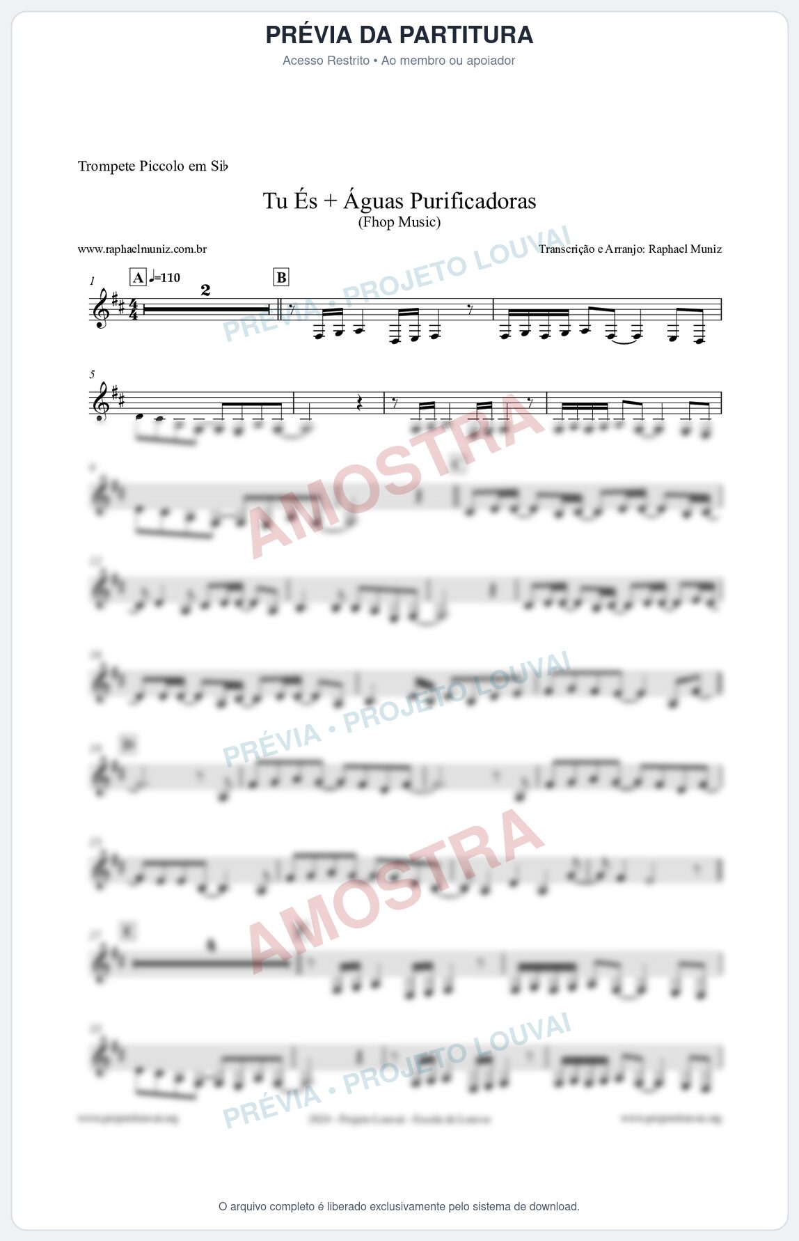 Prévia protegida da primeira página da partitura Partitura para Trompete Piccolo em Sib - Tu És + Águas Purificadoras - Fhop Music