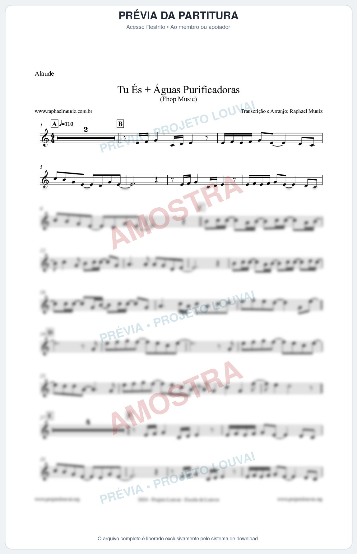 Prévia protegida da primeira página da partitura Partitura para Alaúde - Tu És + Águas Purificadoras - Fhop Music