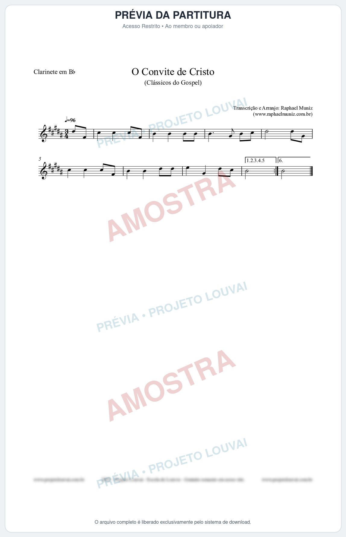 Prévia protegida da primeira página da partitura Partitura para Clarinete em Bb - O Convite de Cristo - Harpa Cristã nº19 - Clássicos do Gospel