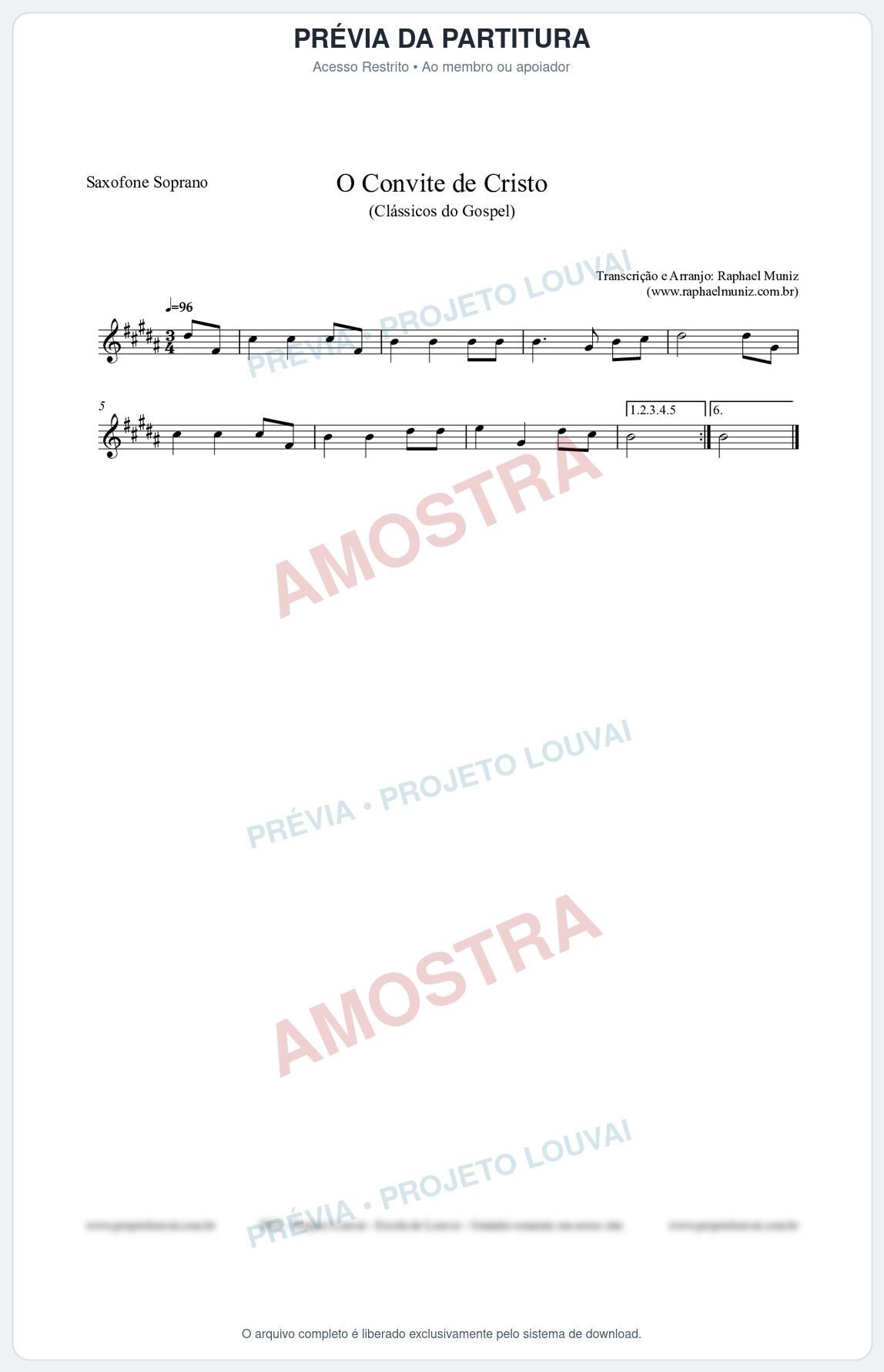 Prévia protegida da primeira página da partitura Partitura para Saxofone Soprano - O Convite de Cristo - Harpa Cristã nº19 - Clássicos do Gospel