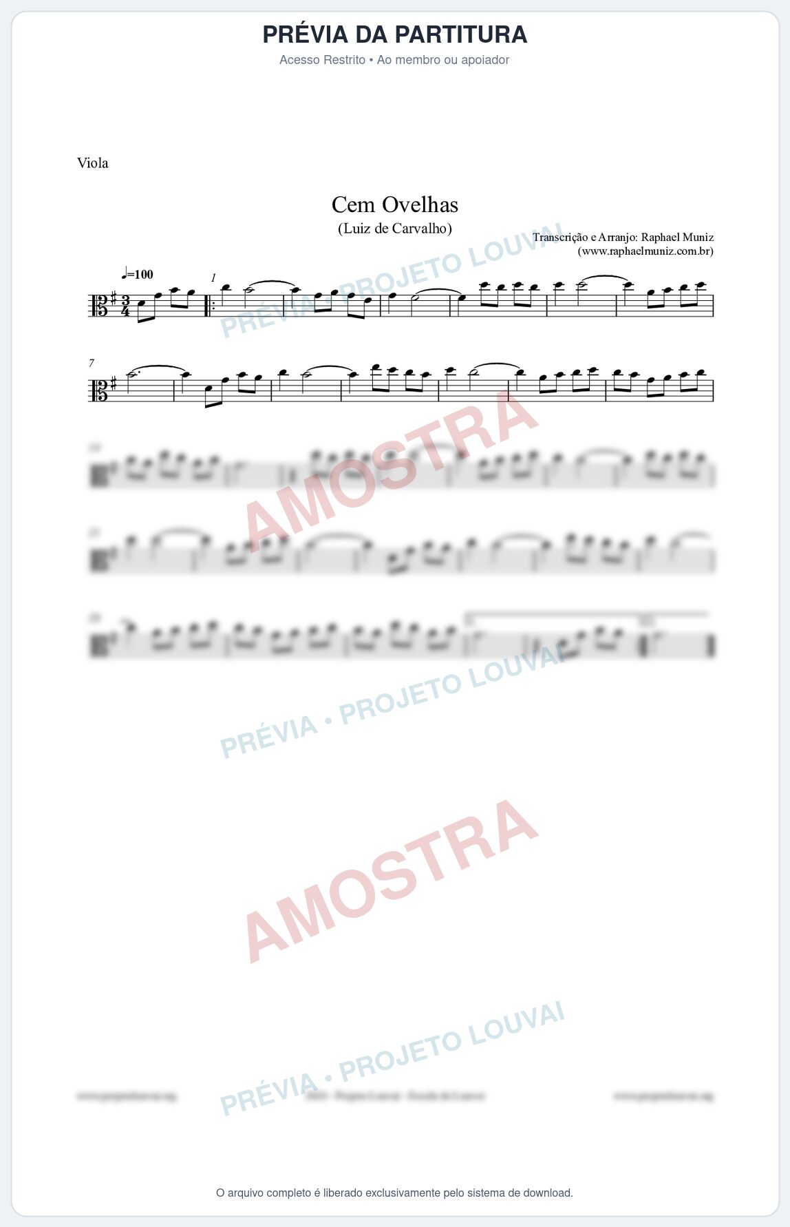 Prévia protegida da primeira página da partitura Partitura para Viola - Cem Ovelhas - Luiz de Carvalho