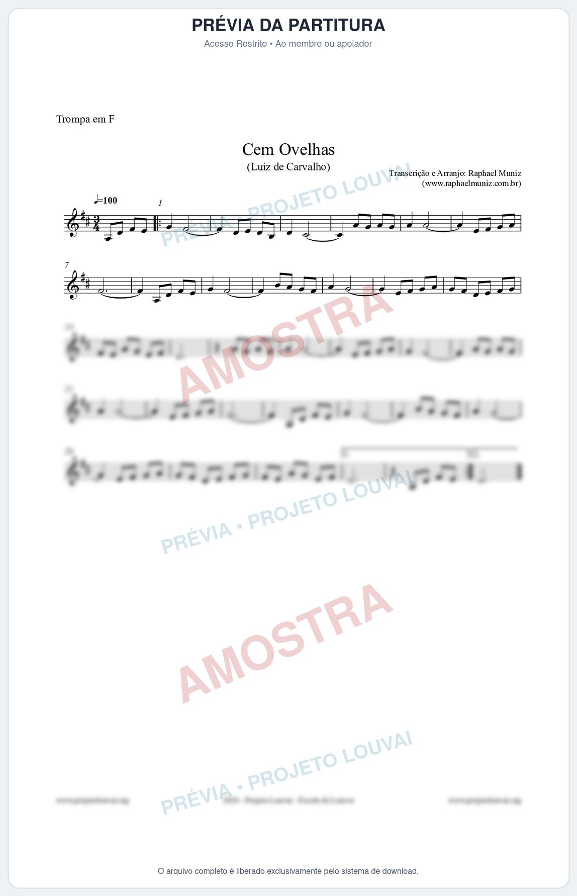 Prévia protegida da primeira página da partitura Partitura para Trompa em F - Cem Ovelhas - Luiz de Carvalho