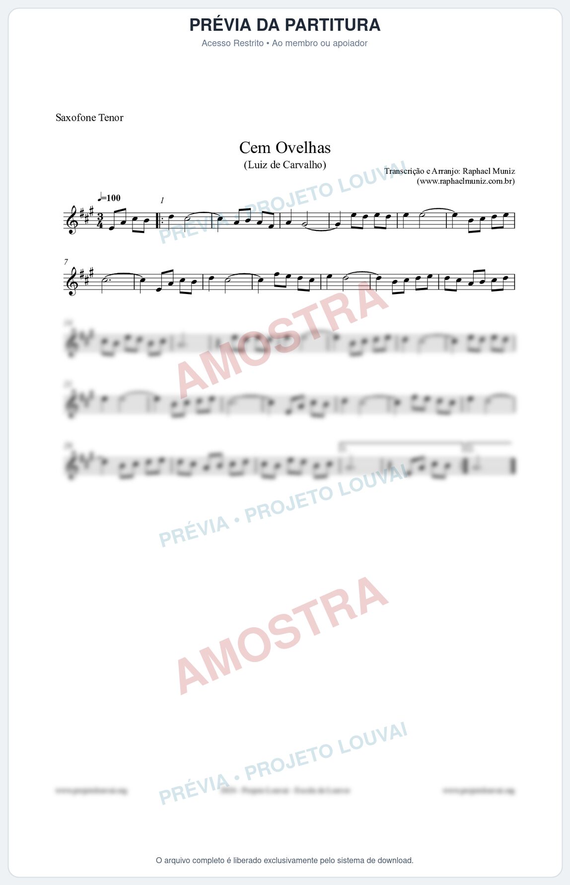 Prévia protegida da primeira página da partitura Partitura para Saxofone Tenor - Cem Ovelhas - Luiz de Carvalho