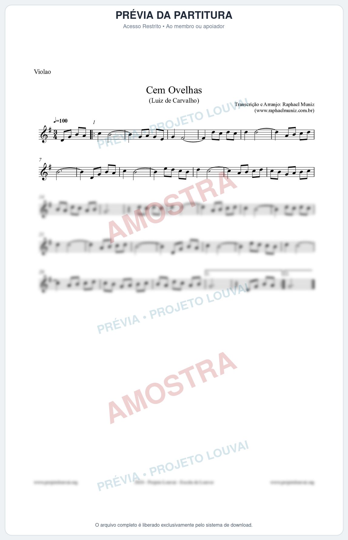 Prévia protegida da primeira página da partitura Partitura para Violão - Cem Ovelhas - Luiz de Carvalho