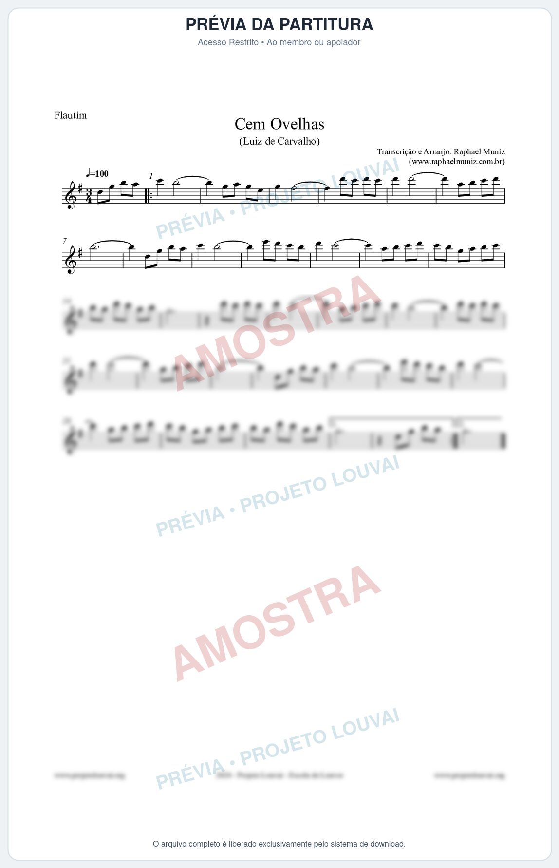 Prévia protegida da primeira página da partitura Partitura para Flautim - Cem Ovelhas - Luiz de Carvalho