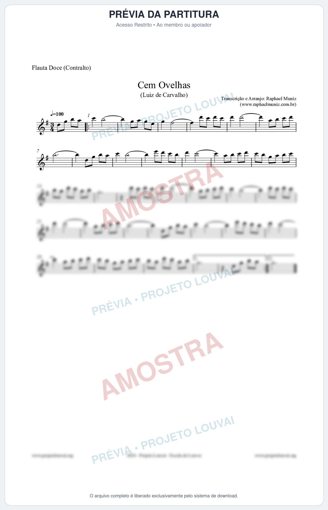 Prévia protegida da primeira página da partitura Partitura para Flauta Doce (Contralto) - Cem Ovelhas - Luiz de Carvalho