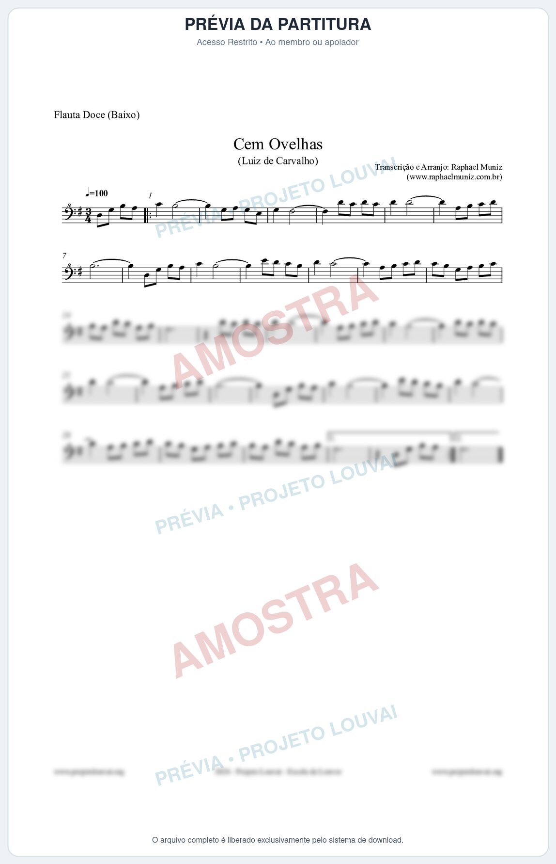 Prévia protegida da primeira página da partitura Partitura para Flauta Doce (Baixo) - Cem Ovelhas - Luiz de Carvalho