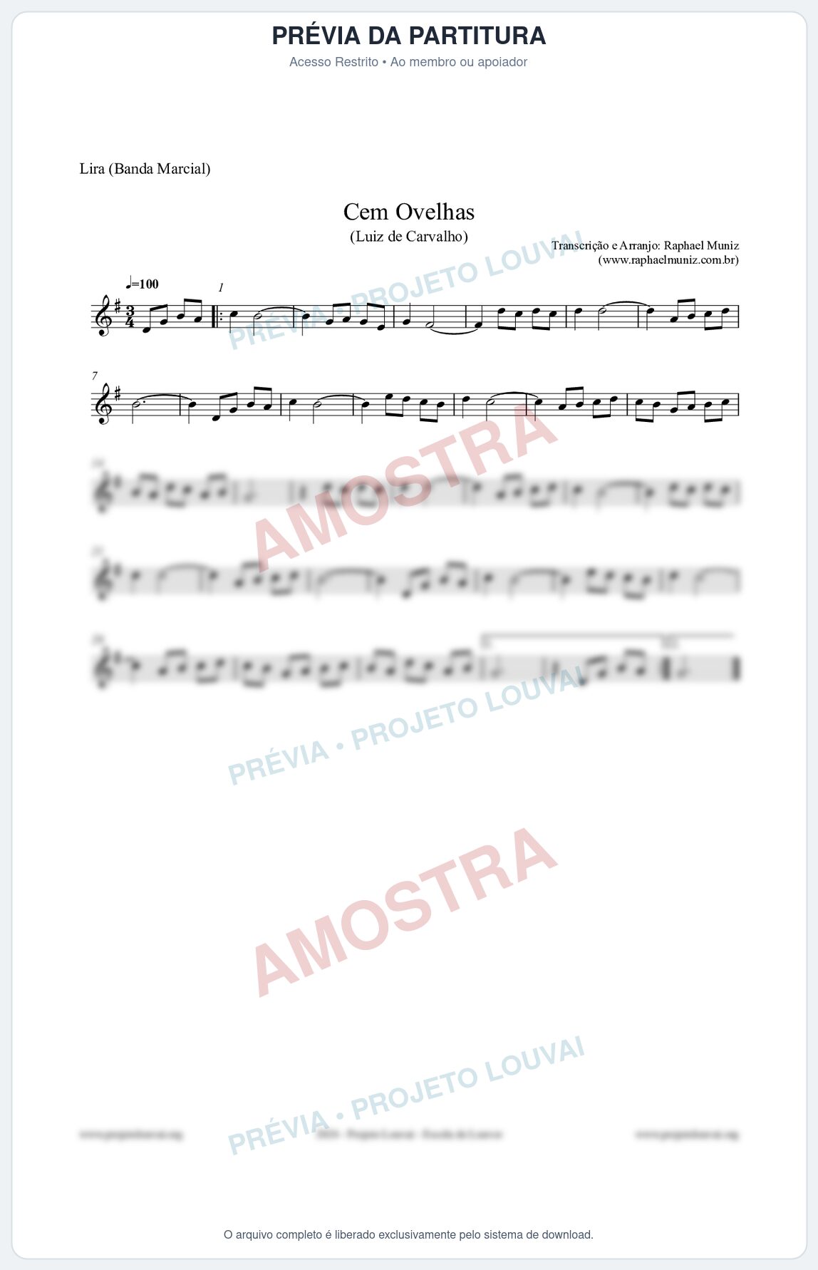 Prévia protegida da primeira página da partitura Partitura para Lira (Banda Marcial) - Cem Ovelhas - Luiz de Carvalho